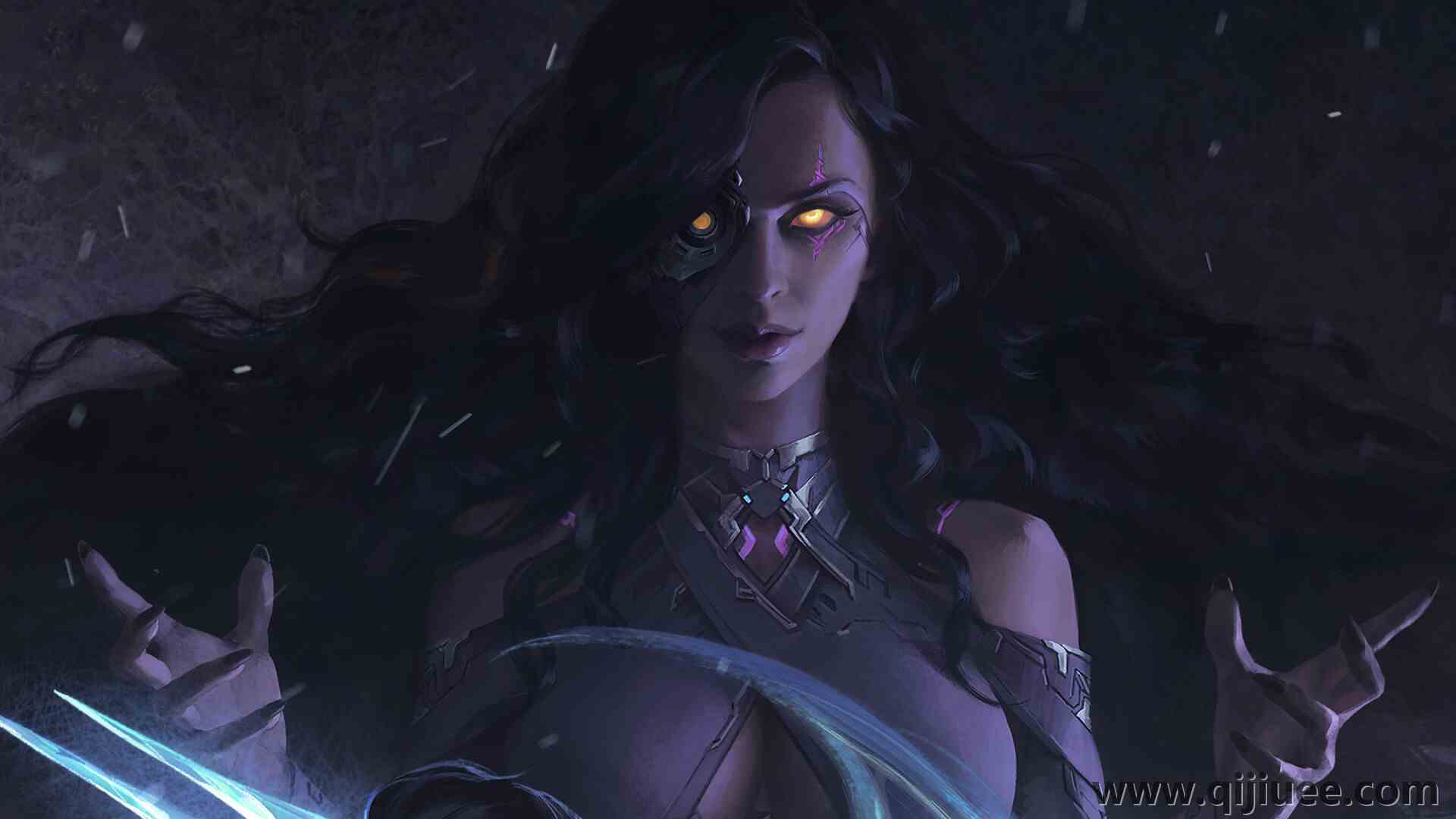 黑色的头发 妇女 幻想女孩 长发 幻想艺术 黄色的眼睛 1920 x 1173/0.27 MB-柒染云阁