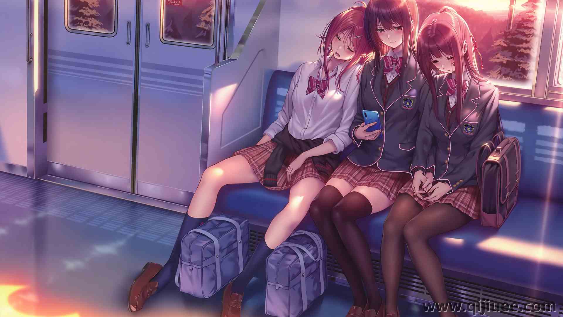 女性三人组 女性团体 动漫女孩 校服  火车 睡眠  电脑壁纸 4K壁纸5049 x 3600/14.56 MB-柒染云阁