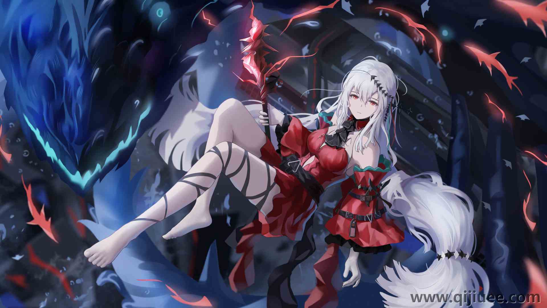 白发 长发 骑士 红色衣服 武器 电脑壁纸 8K壁纸10000 x 5400/16.67 MB-柒染云阁
