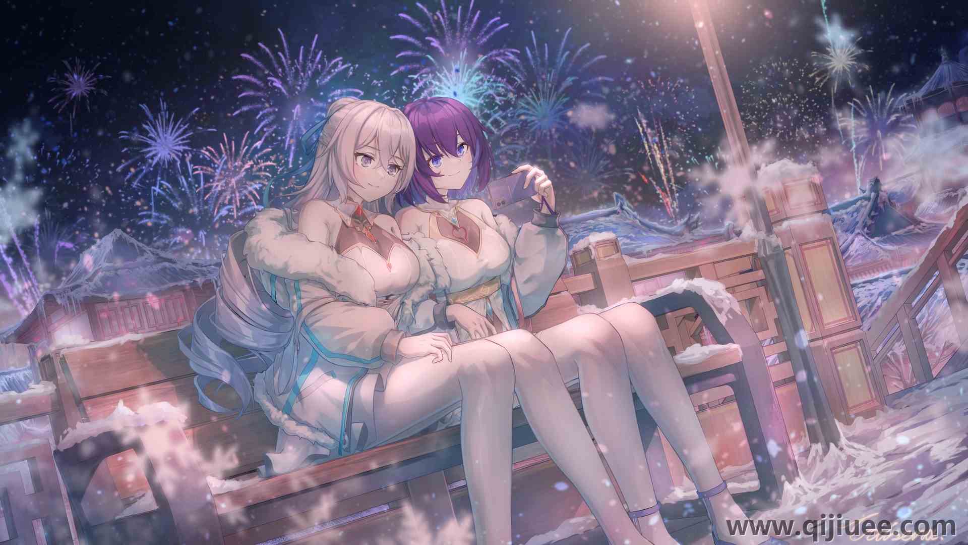 动漫女孩 动漫 白色打底裤 烟花 雪地 木凳 电脑壁纸 4K壁纸3840 x 2160/1.66 MB-柒染云阁