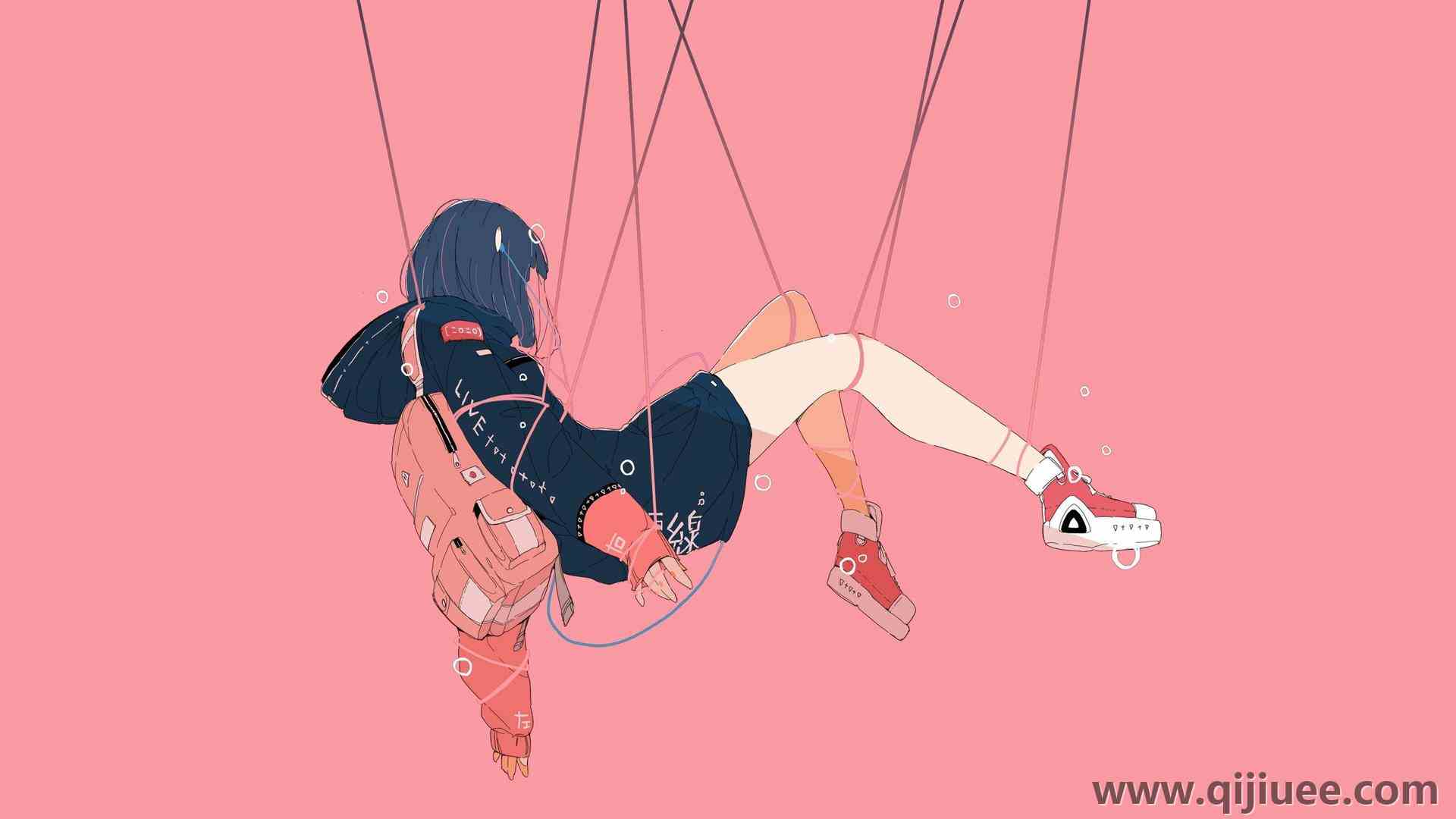原创人物 动漫女孩 极简主义 简单背景 背包 鞋子  电脑壁纸 4K壁纸3840 x 2160/0.29 MB-柒染云阁
