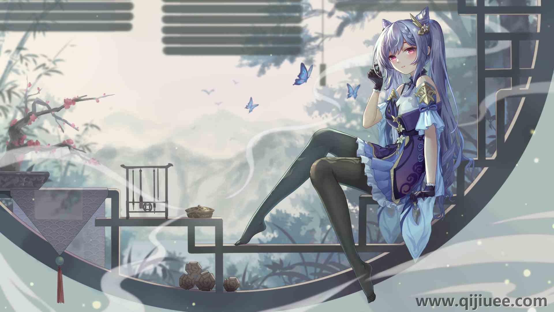 粉色眼睛 紫色头发 长发 动漫女孩 连衣裙 裤袜  电脑壁纸 4K壁纸3840 x 2160/2.3 MB-柒染云阁