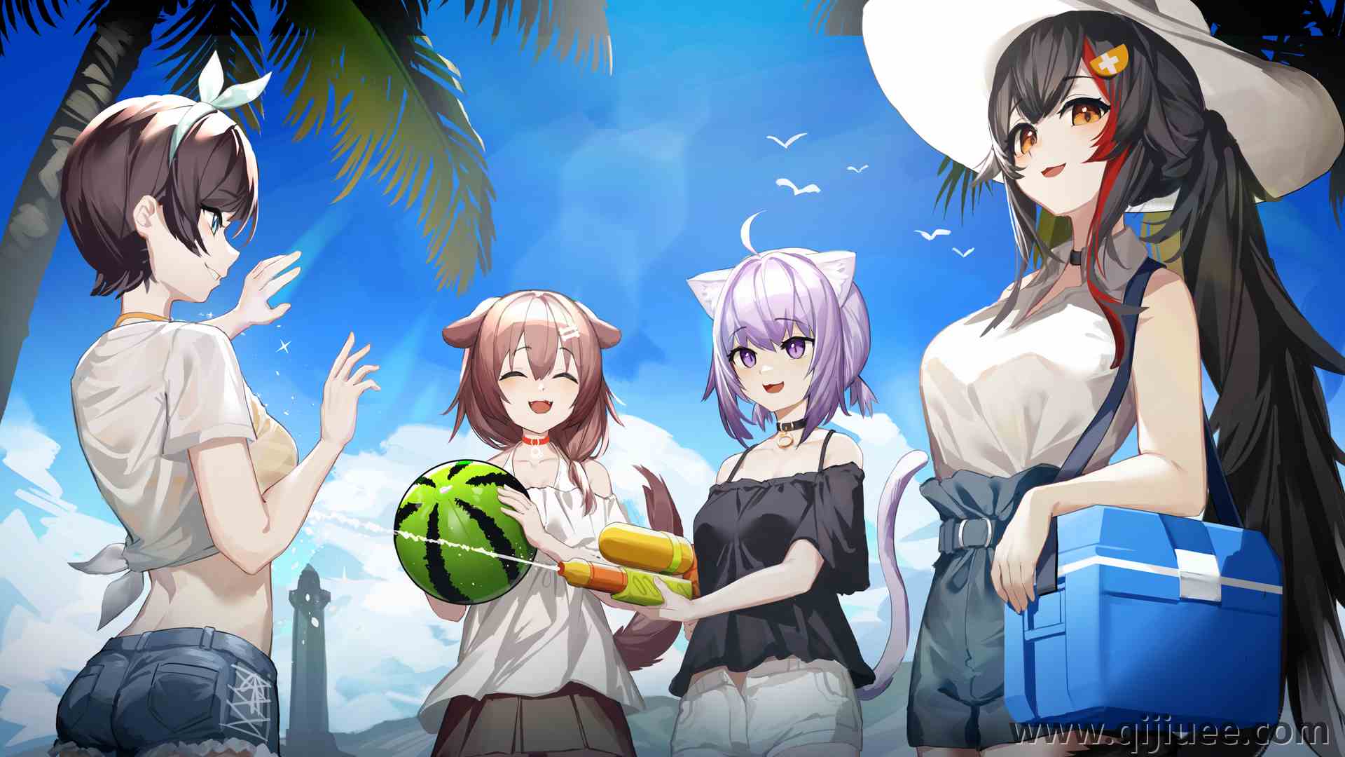 西瓜 水枪 天空 云 棕榈树 帽子 电脑壁纸 4K壁纸3840 x 2160/7.05 MB-柒染云阁