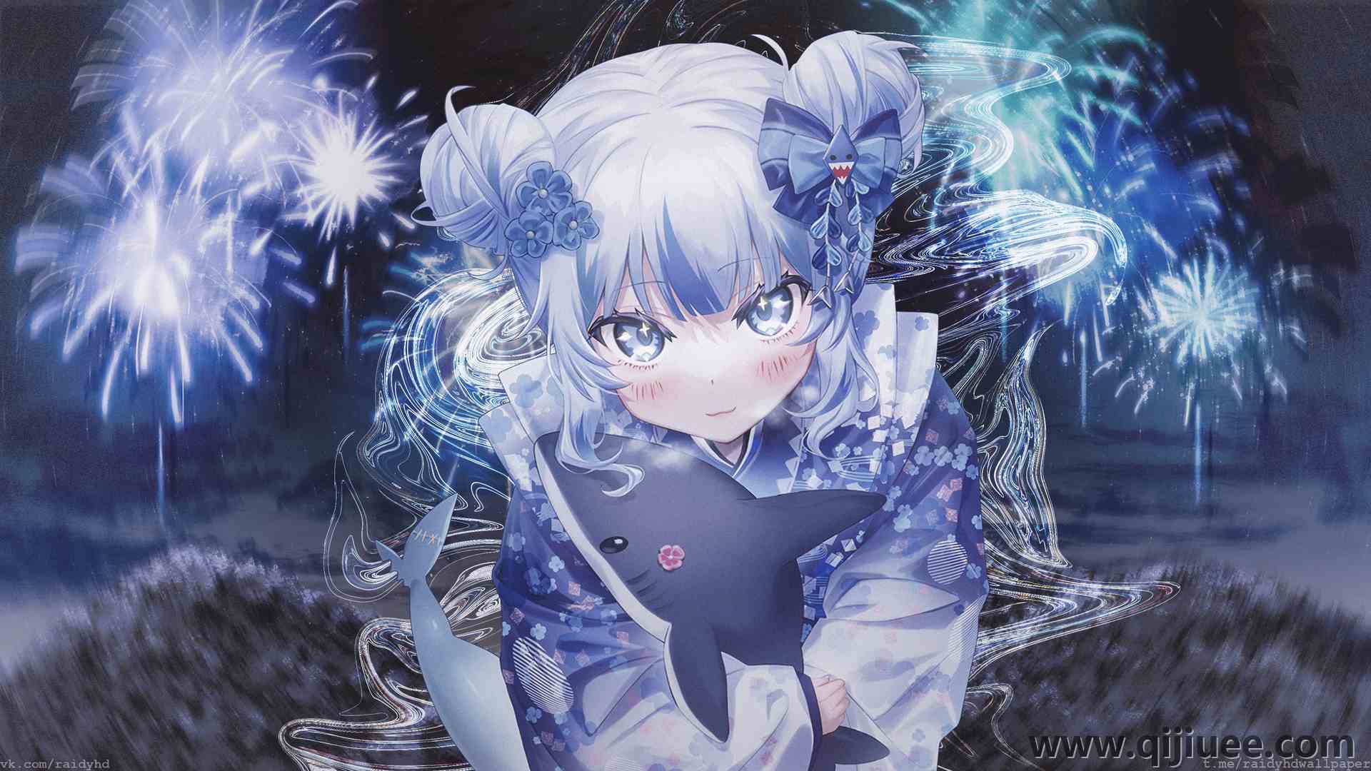 蓝头发 蓝眼睛 发髻 动漫 动漫女孩 焰火 电脑壁纸 4K壁纸3840 x 2160/13.4 MB-柒染云阁