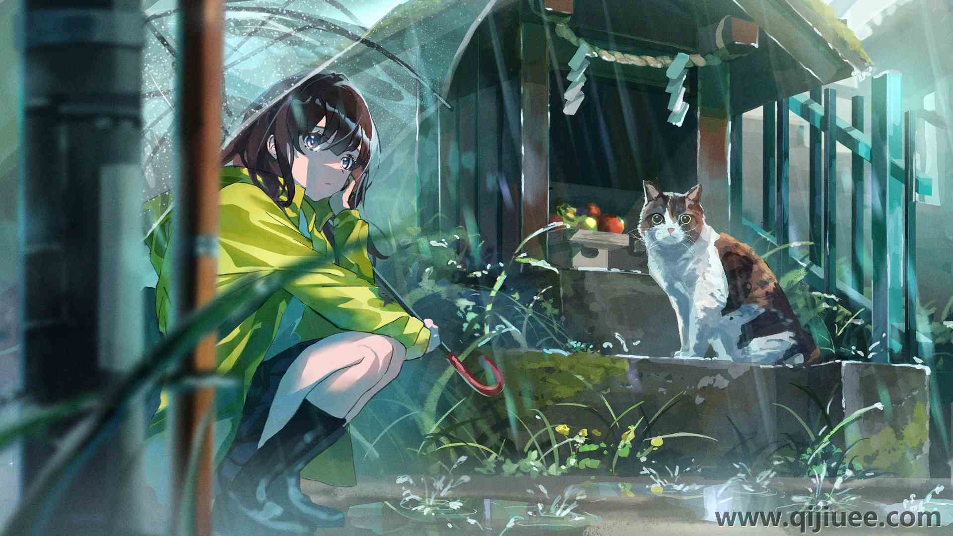 动漫 动漫女孩 猫 雨 伞  电脑壁纸 4K壁纸3840 x 2160/8.45 MB-柒染云阁