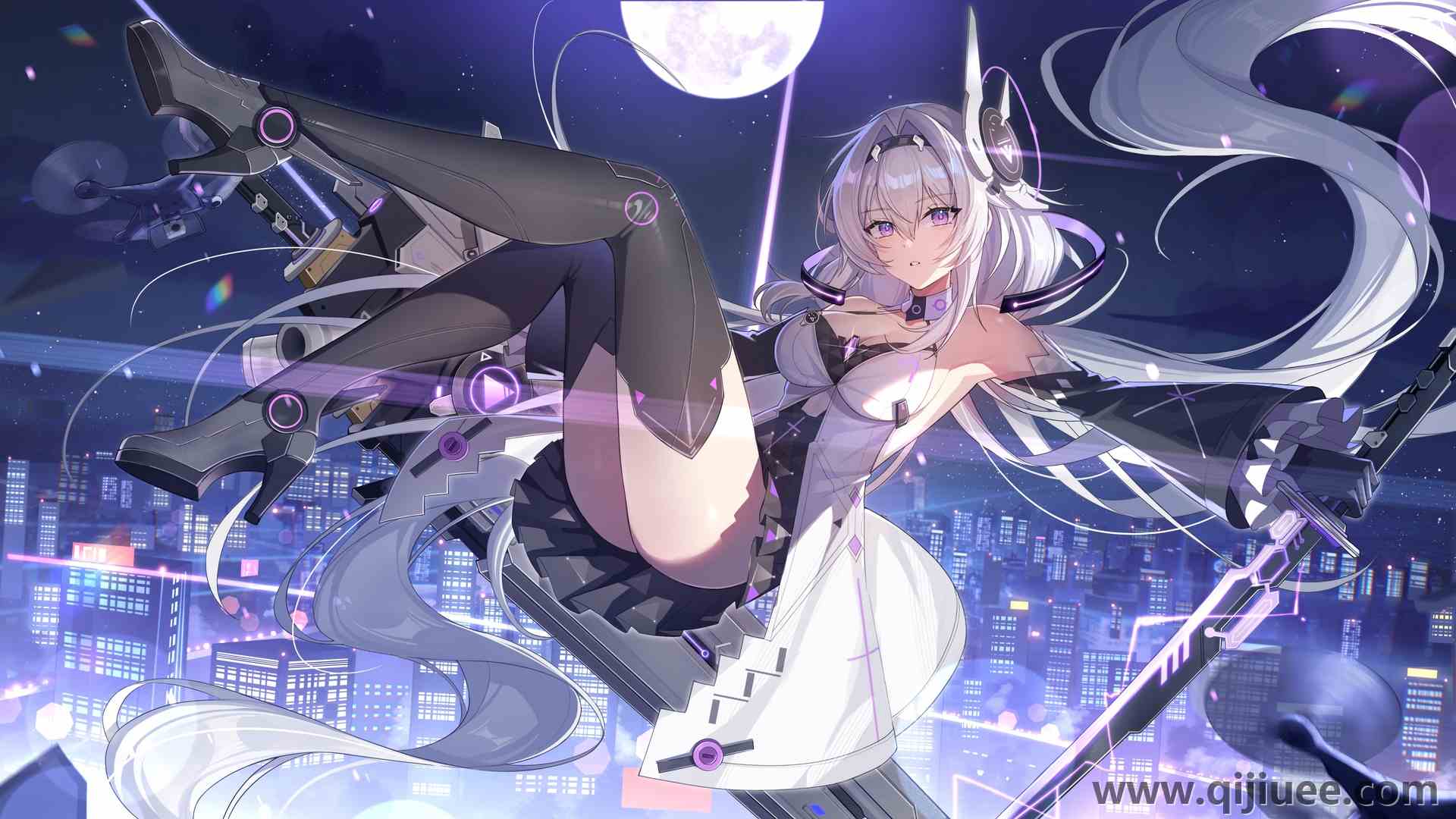 长发 动漫 动漫女孩 长袜 月亮 夜晚 天空 城市 城市灯光 星星  电脑壁纸 4K壁纸5345 x 3007/3.15 MB-柒染云阁