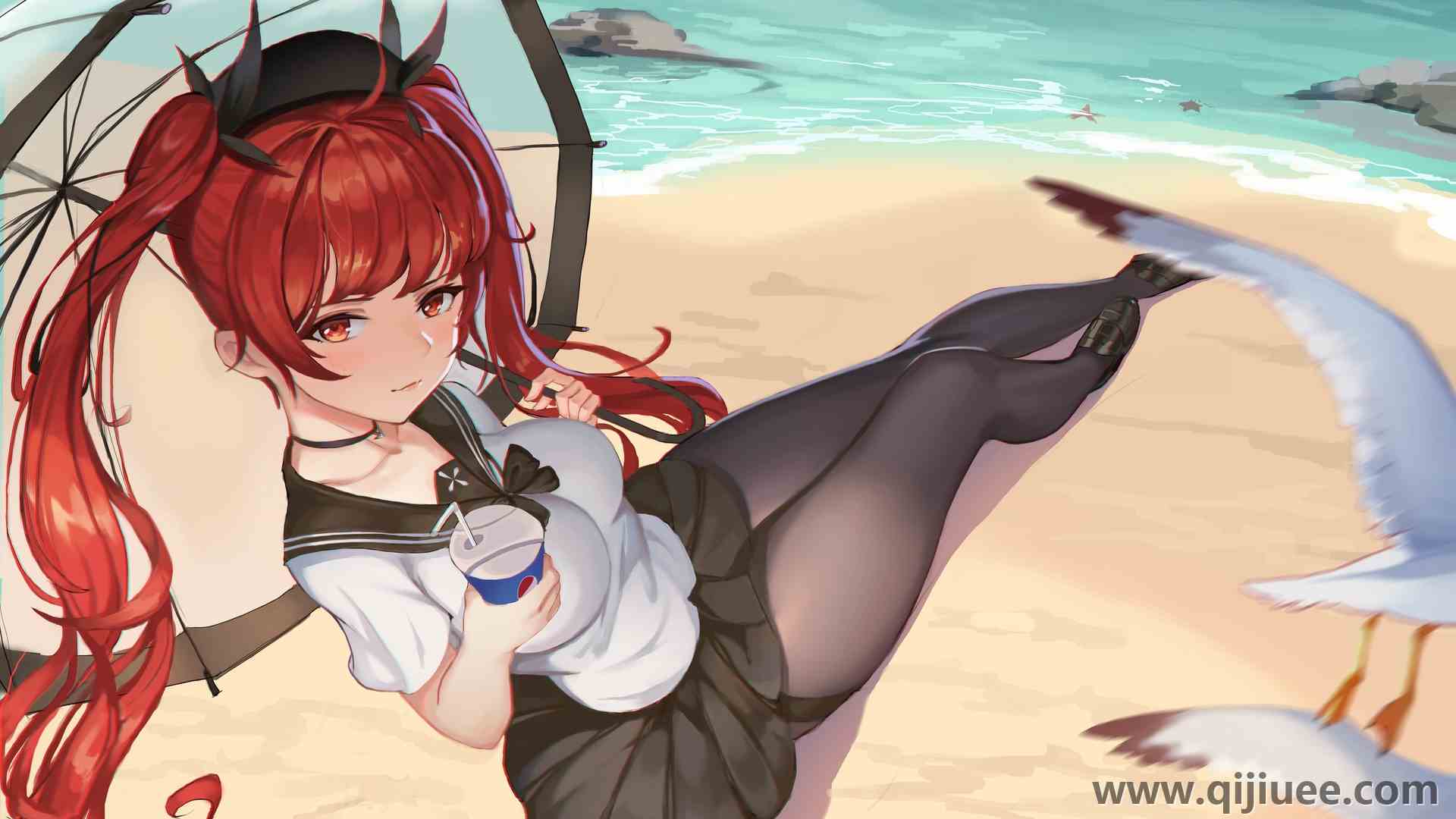 动漫 动漫女孩 海滩 雨伞 校服 连裤袜  电脑壁纸 4K壁纸3840 x 2160/2.79 MB-柒染云阁