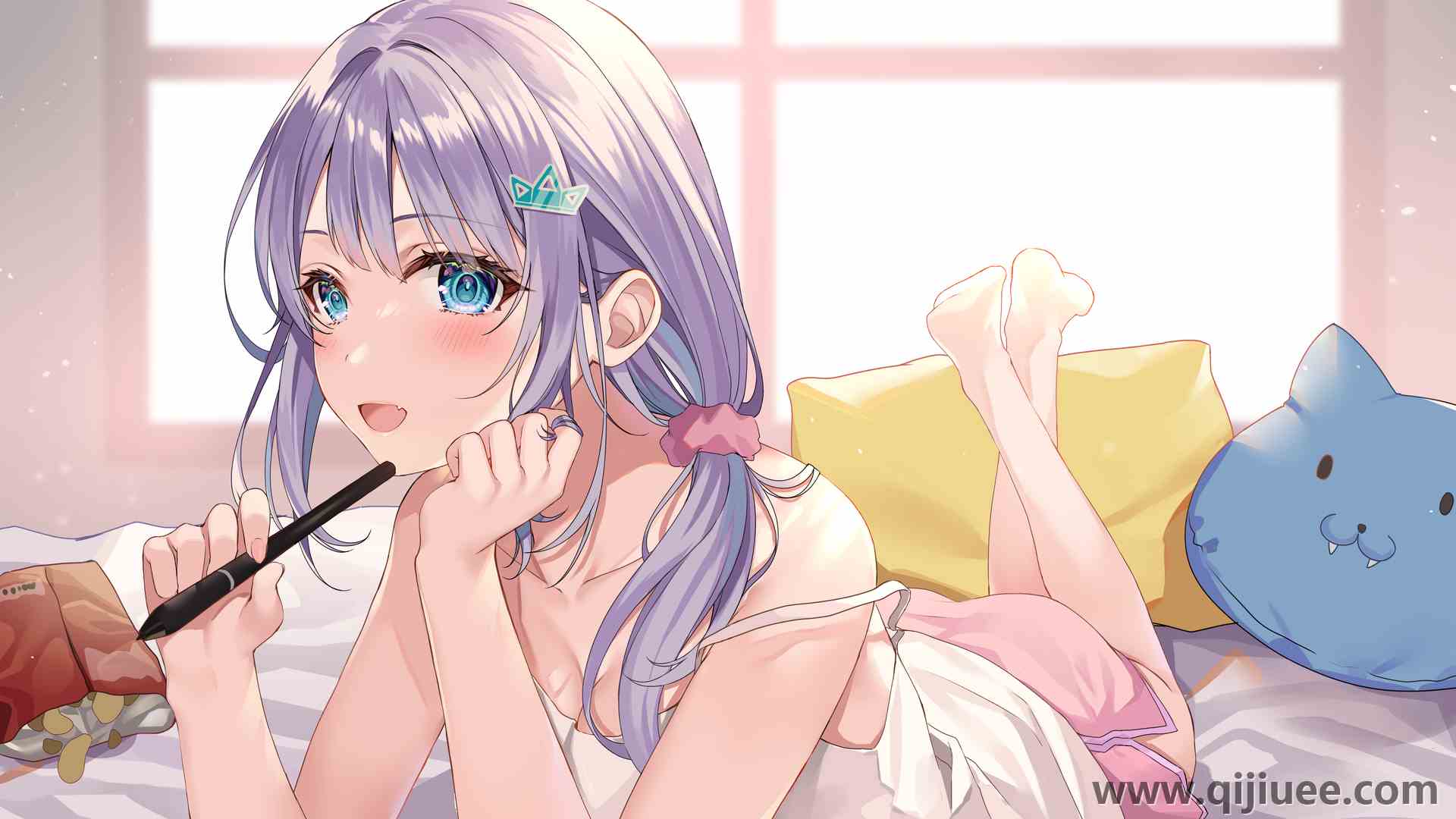 躺着 紫色头发 微笑 蓝眼睛 动漫女孩 脸红  电脑壁纸 4K壁纸6400 x 3600/7.09 MB-柒染云阁
