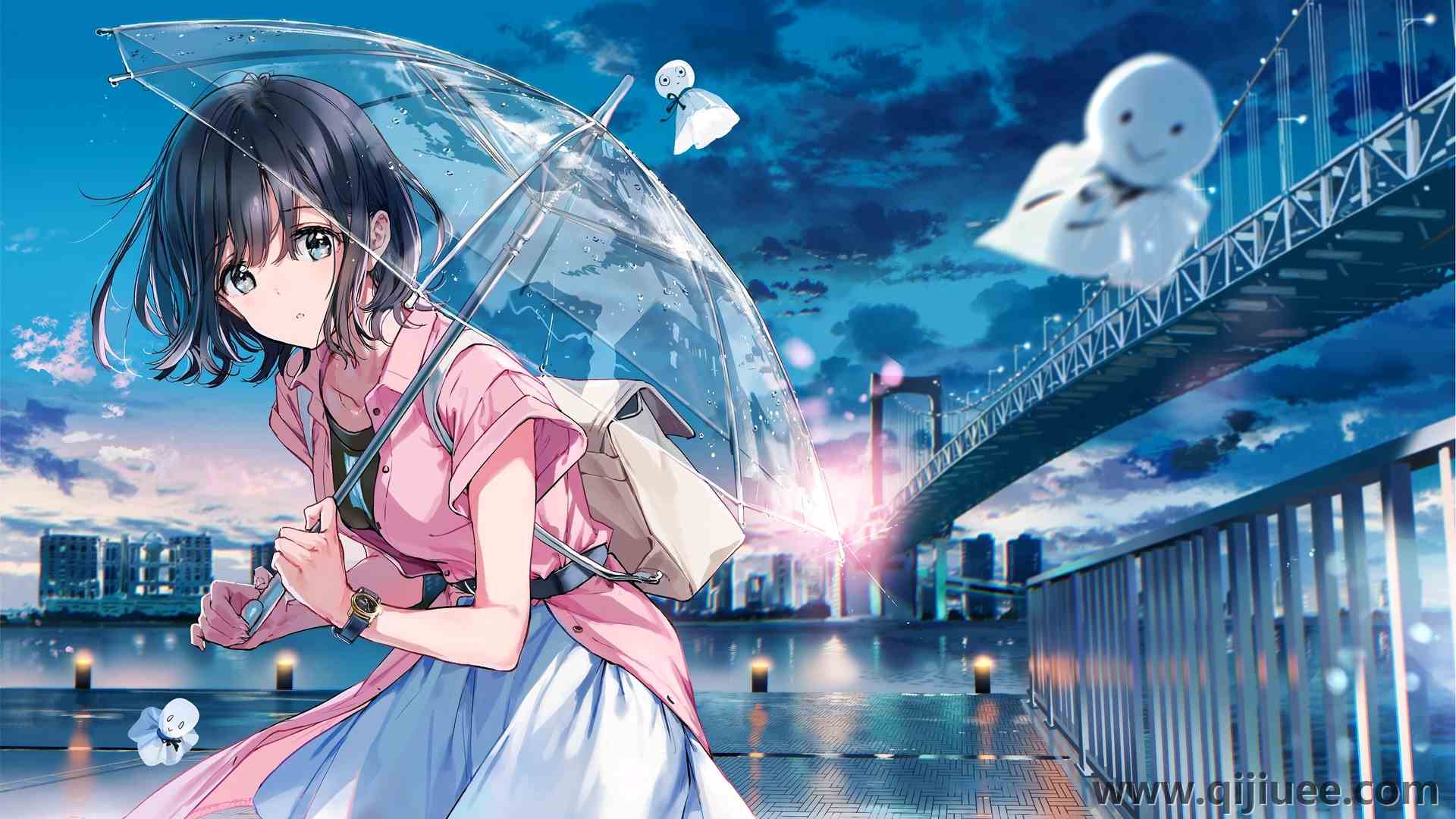 短发 蓝眼睛 数码艺术 插图 动漫 动漫女孩  桥梁 水 大海 肖像  电脑壁纸 4K壁纸3840 x 2160/1.95 MB-柒染云阁