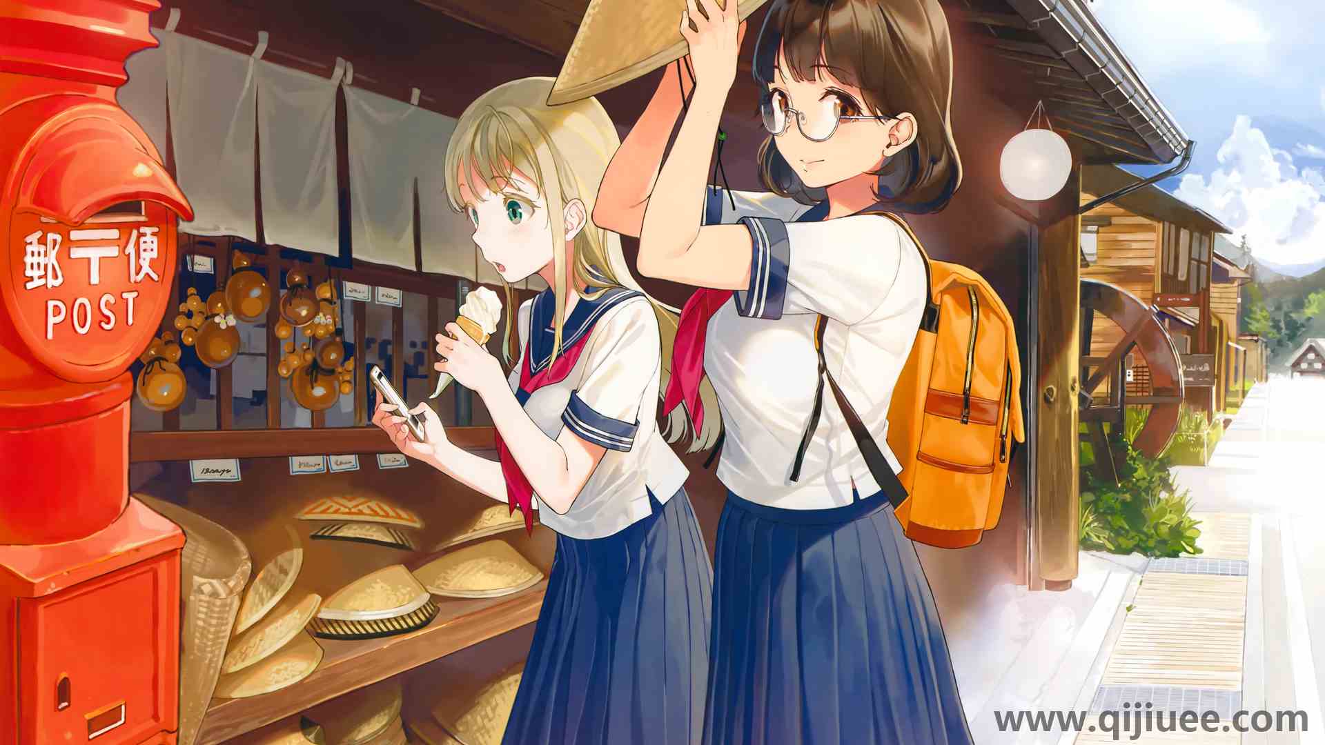女学生 眼镜 动漫女孩 校服 书包 冰淇淋  电脑壁纸 4K壁纸4000 x 2831/2.5 MB-柒染云阁
