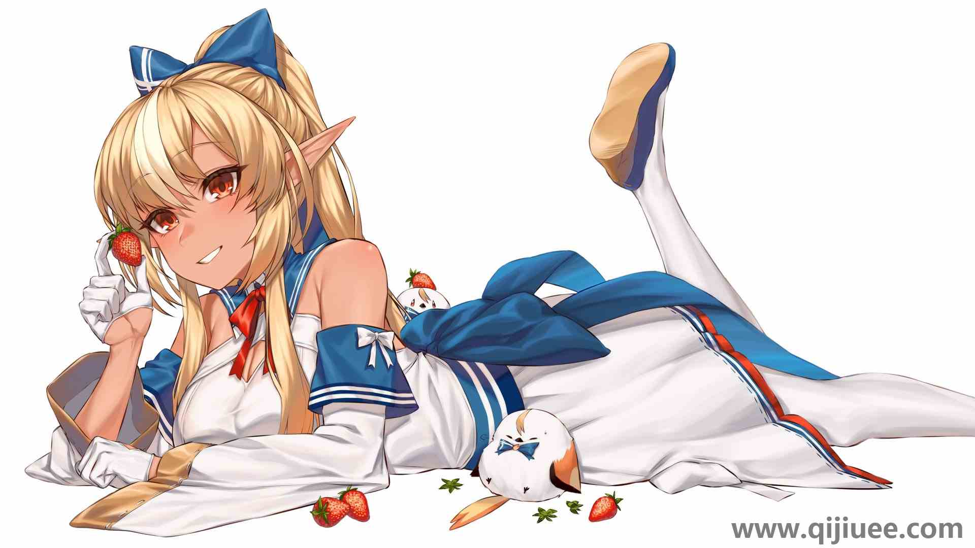 躺在前面 精灵 金发 深色皮肤 简单背景 草莓 棕褐色 动漫女孩 兽耳  电脑壁纸 4K壁纸3840 x 2160/0.54 MB-柒染云阁