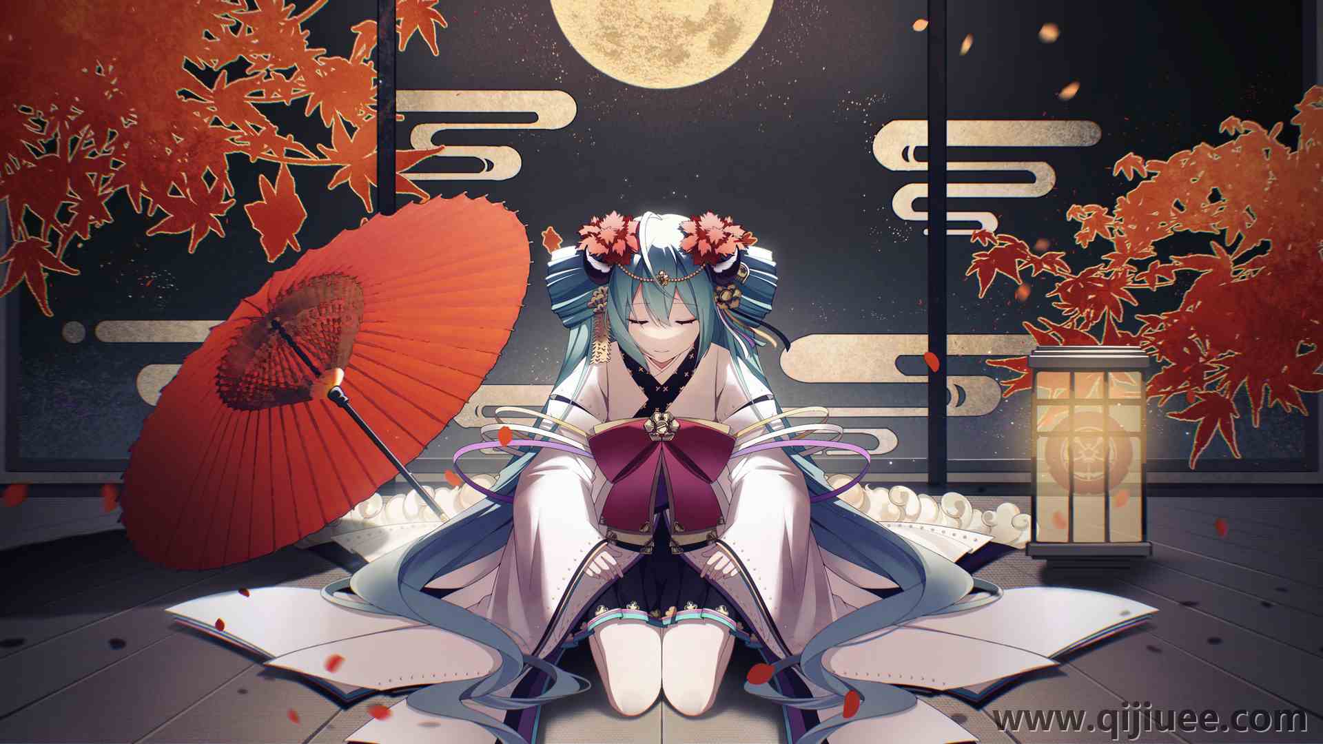 闭眼 动漫 动漫女孩 青色头发 伞 月亮 花瓣  电脑壁纸 4K壁纸5000 x 2800/9.02 MB-柒染云阁