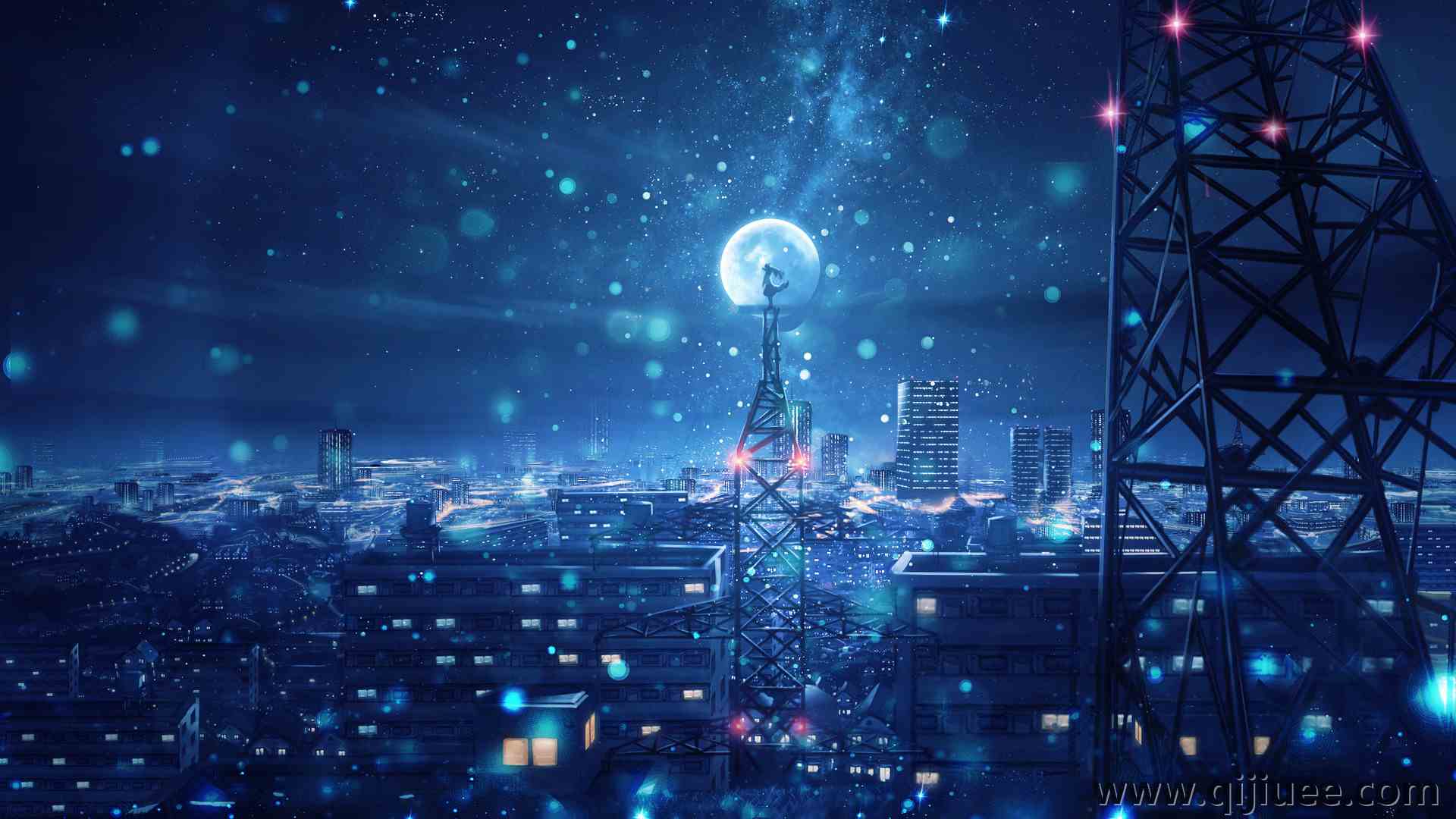 动漫 夜 天空 夜空 风景 建筑  电脑壁纸 4K壁纸3840 x 2160/2.15 MB-柒染云阁