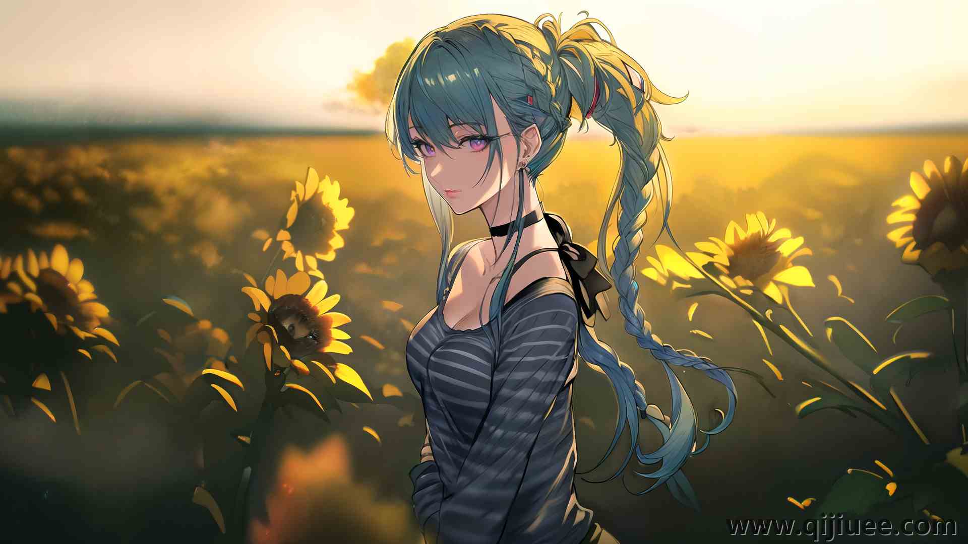 女性 原创角色 辫子 蓝色头发 动漫 动漫女孩 向日葵  电脑壁纸 8K壁纸7680 x 4096/3.14 MB-柒染云阁
