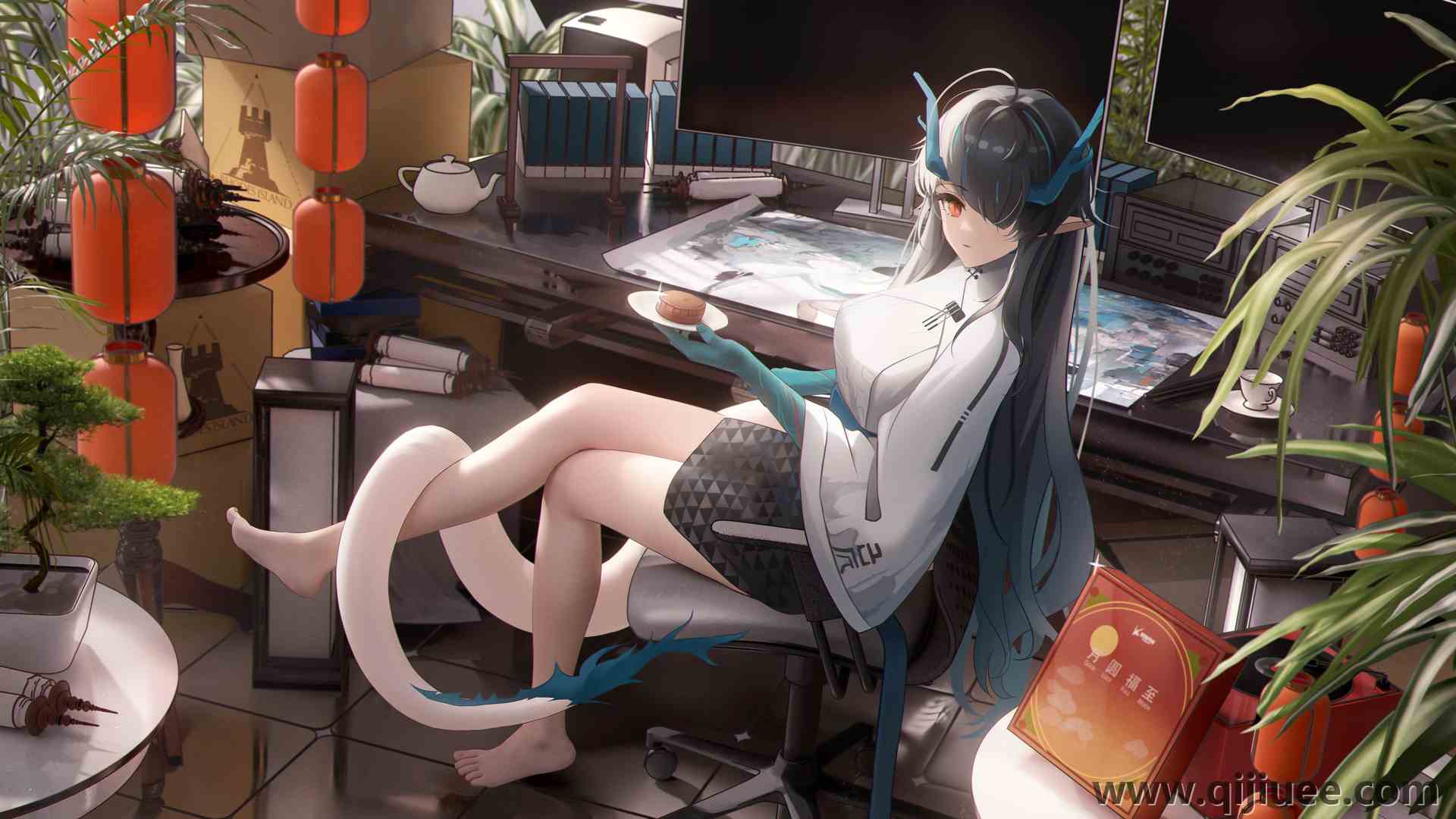 龙女孩 动漫女孩 兽耳 食物 角  电脑壁纸 4K壁纸5000 x 2800/8.78 MB-柒染云阁