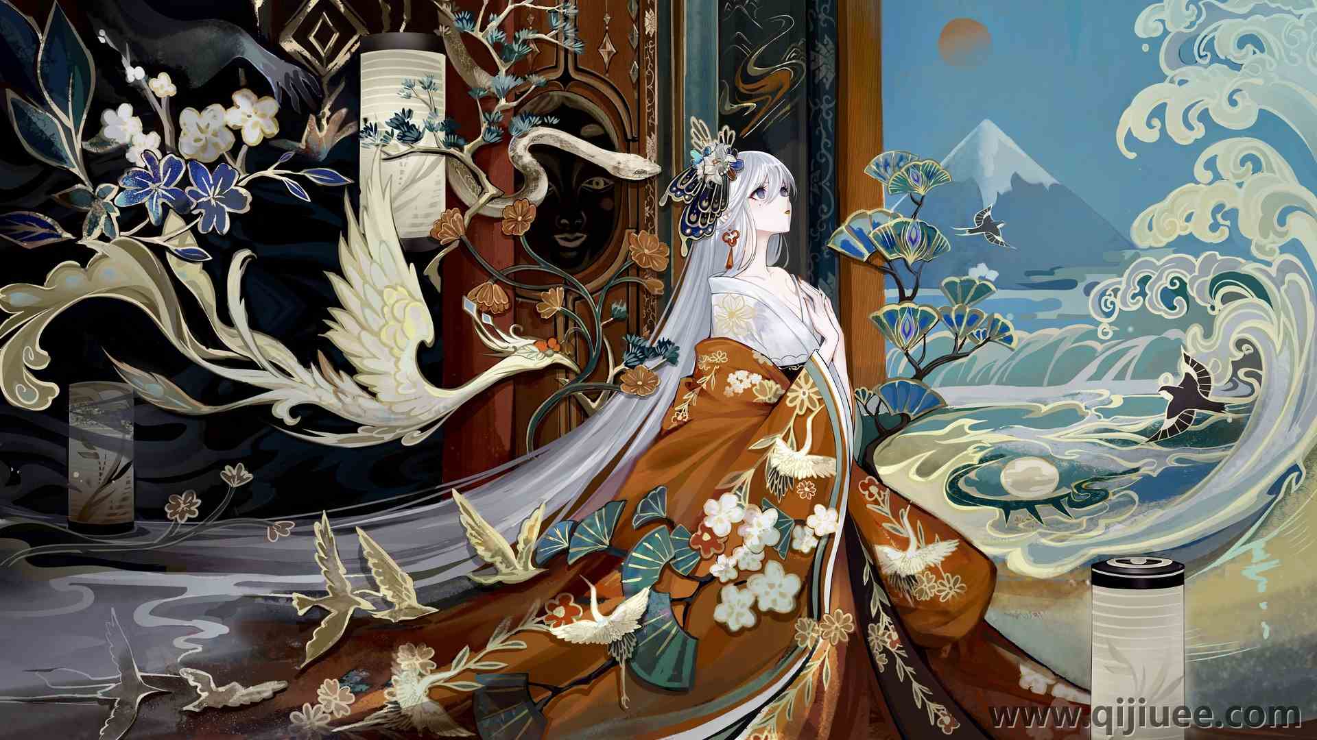 抬头 动漫 动漫女孩 和服 动物 鹅 蛇 花 浪 山 电脑壁纸 4K壁纸7432 x 4290/5.7 MB-柒染云阁