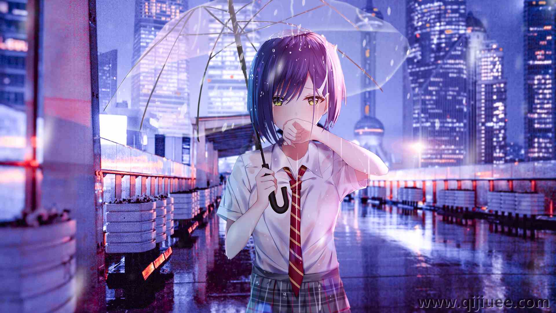 紫色的头发 站着 嘴上的手 动漫 动漫女孩 领带 雨伞 户外 电脑壁纸 4K壁纸3840 x 2160/1.79 MB-柒染云阁