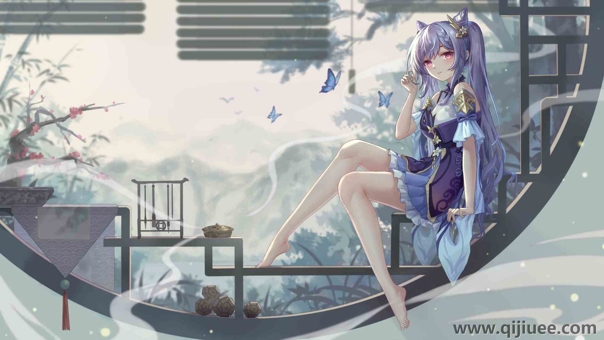 赤脚 紫色头发 长发 粉色眼睛 原神 科清 原神 动漫女孩 连衣裙  电脑壁纸 4K壁纸4801 x 2700/2.25 MB-柒染云阁