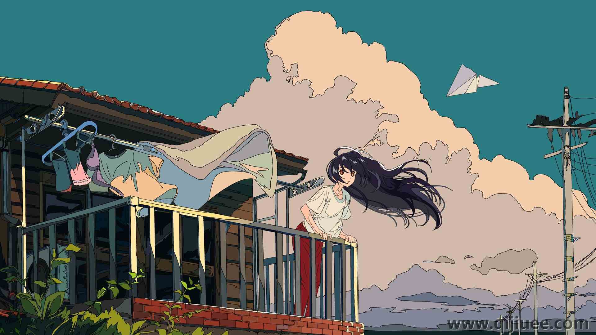云 天空 布 建筑 阳台 动漫女孩 电脑壁纸 4K壁纸3888 x 2187/1.36 MB-柒染云阁