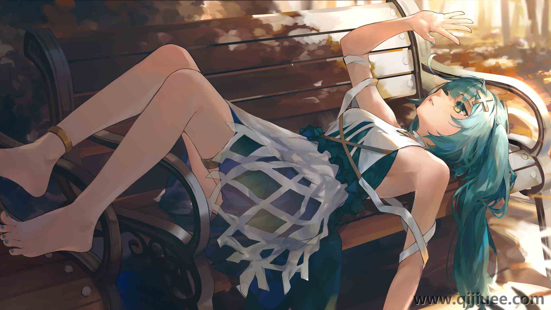 蓝色头发 原神 连衣裙 长凳 树叶 动漫 动漫女孩 电脑壁纸 4K壁纸6100 x 3063/9.87 MB-柒染云阁