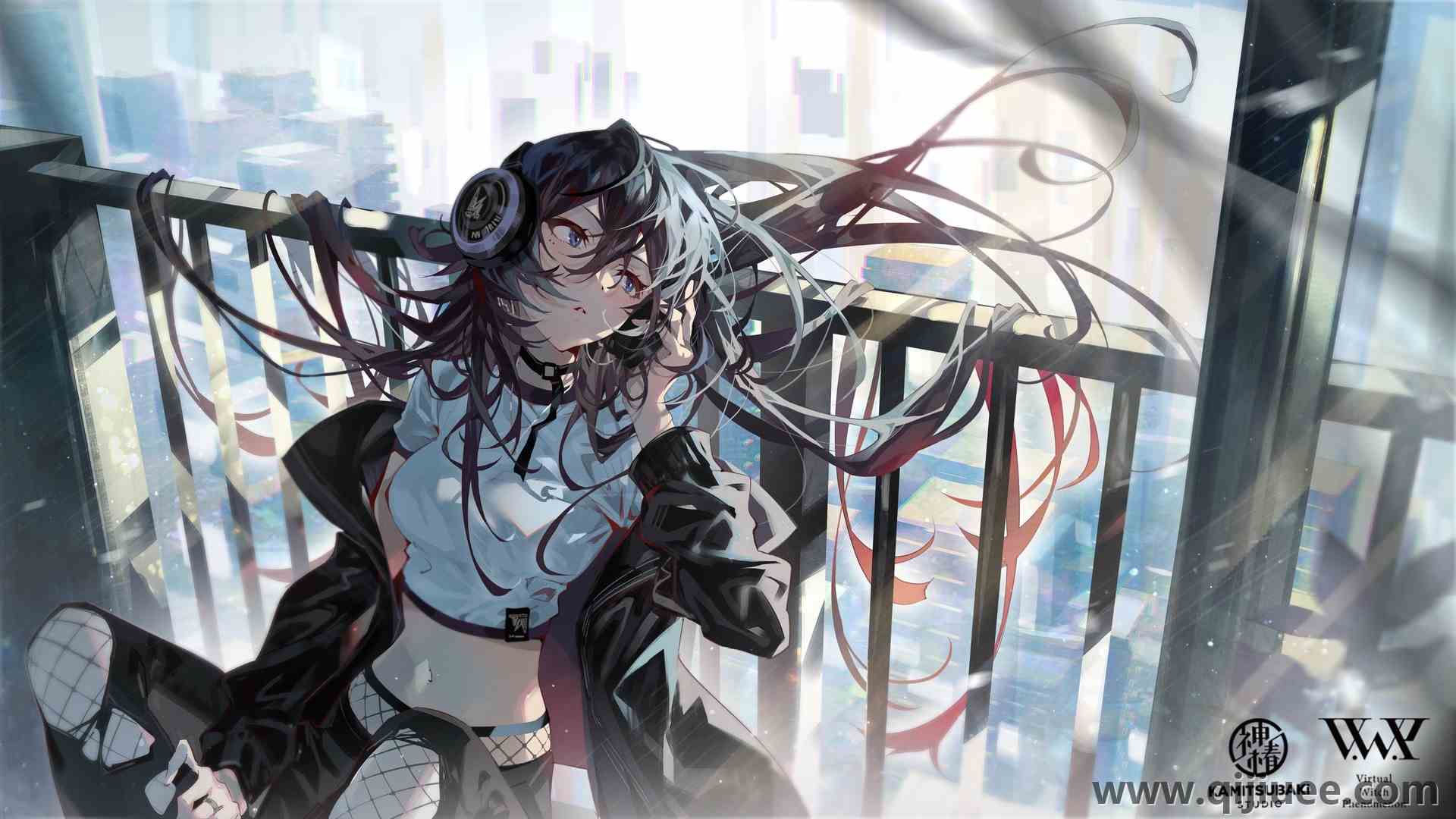 原创人物 长发 深色头发 蓝眼睛 动漫女孩 耳机 电脑壁纸 4K壁纸4096 x 2304/1.97 MB-柒染云阁
