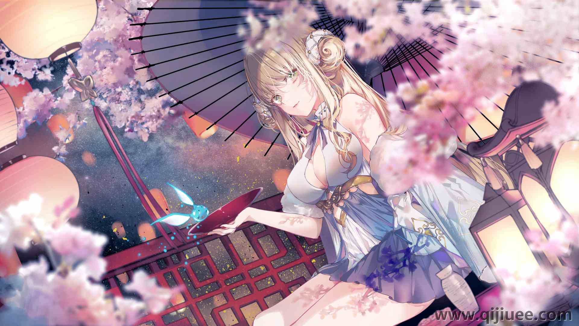 金发 绿眼睛  动漫 动漫女孩 雨伞 樱花  电脑壁纸 4K壁纸5760 x 3240/10.54 MB-柒染云阁