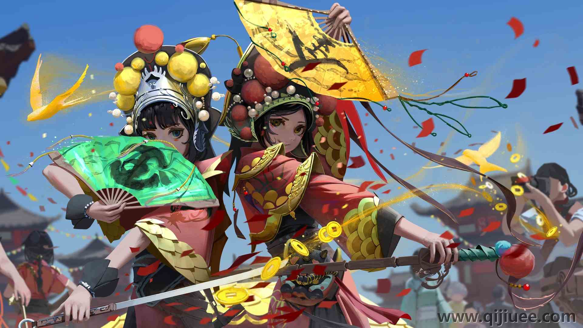 剑女 两女 京剧 粉丝 动漫女孩 花瓣 中国 电脑壁纸 4K壁纸7052 x 3072/2.72 MB-柒染云阁