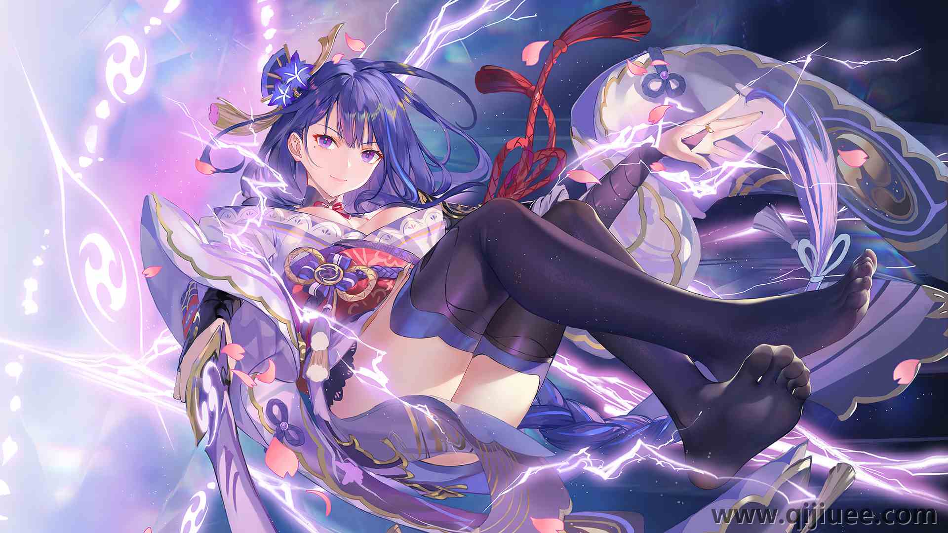 双脚交叉 紫色头发 痣 眼底痣 动漫女孩 原神 雷登幕府 电脑壁纸 4K壁纸3840 x 2160/1.93 MB-柒染云阁