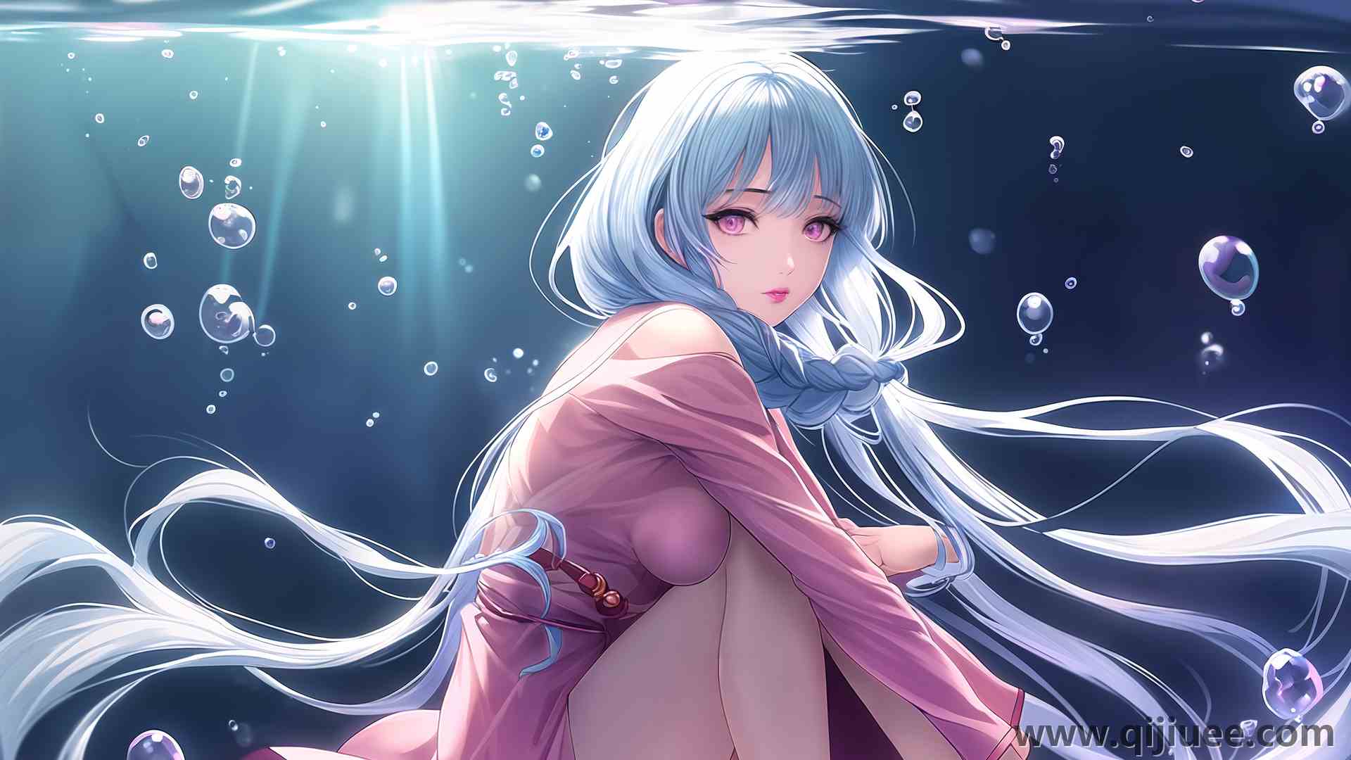 女人 蓝头发 长发 动漫 AI艺术 水下 紫色眼睛 气泡 水 电脑壁纸 4K壁纸3840 x 2560/5.93 MB-柒染云阁