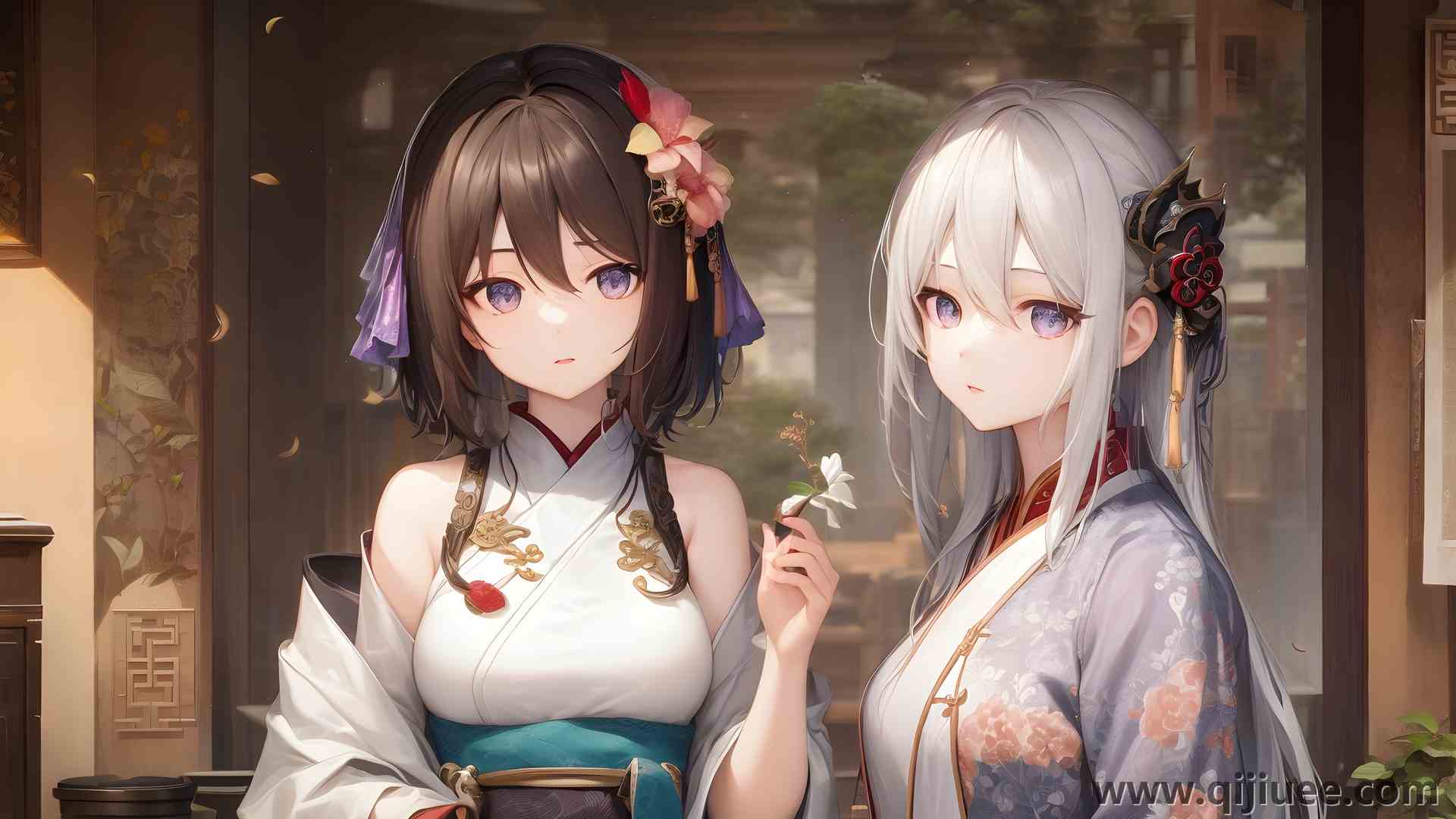 女孩 汉服 银发 中国服装 花在头发 花 动漫女孩 电脑壁纸 4K壁纸5376 x 3072/2.76 MB-柒染云阁