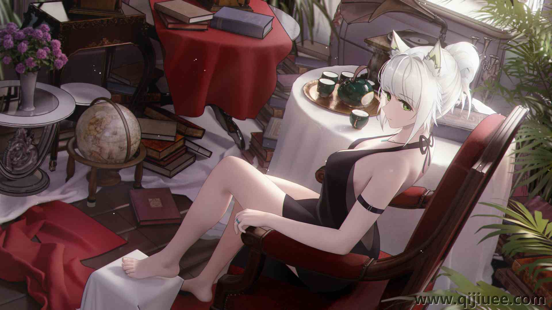 狐狸耳朵 狐耳 绿色眼睛 白发 动漫 动漫女孩 狐狸少女 电脑壁纸 4K壁纸5000 x 2800/11.06 MB-柒染云阁