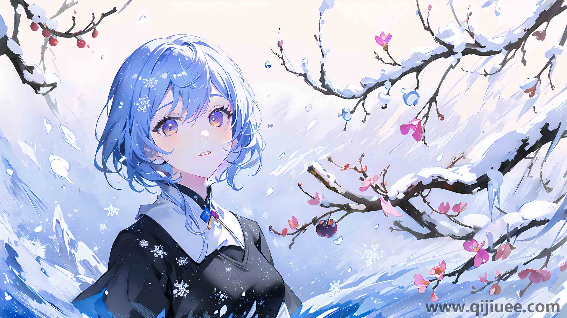 蓝色头发 梅花 动漫女孩 树枝 雪花 鲜花 花瓣 艺术 电脑壁纸 4K壁纸4032 x 2268/8.86 MB-柒染云阁