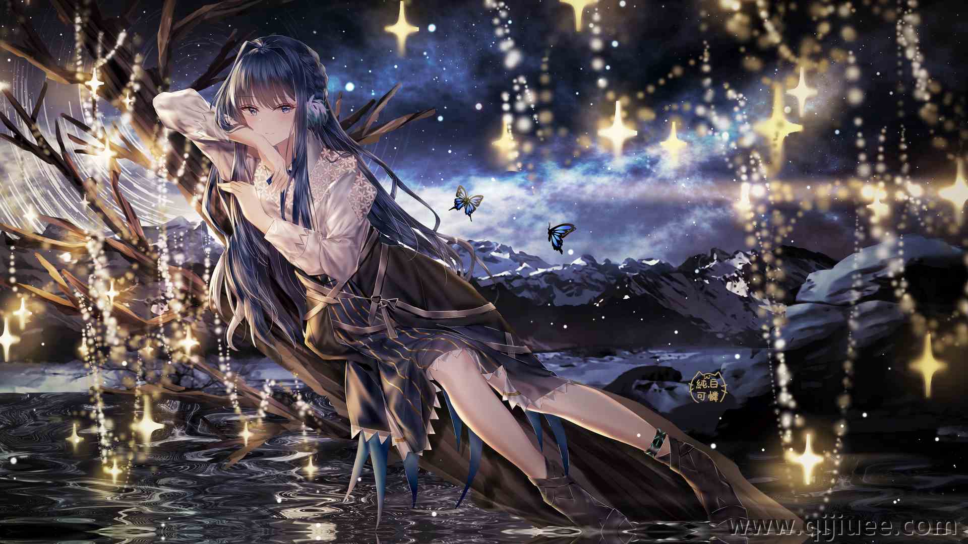 长发 微笑 动漫 动漫女孩 连衣裙 原木 灯光 夜晚 星星 蝴蝶  电脑壁纸 4K壁纸4758 x 2796/19.66 MB-柒染云阁
