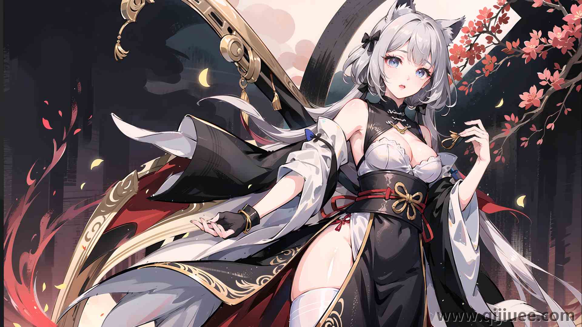 猫耳朵 动漫女孩 兽耳 鲜花 花瓣 连衣裙 长袜 双尾  电脑壁纸 4K壁纸3840 x 2400/8.01 MB-柒染云阁