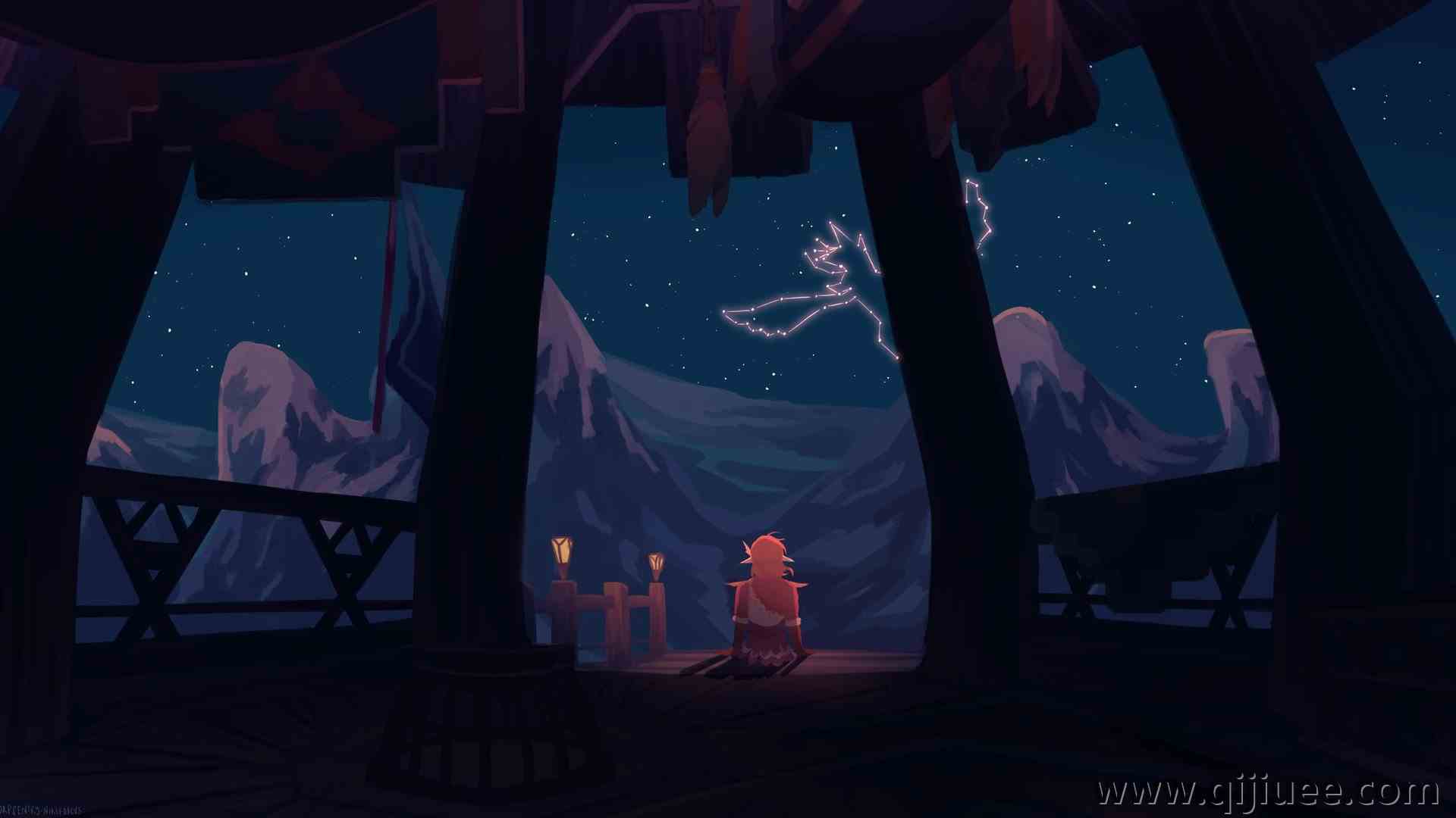 坐着 幻想艺术 山脉 夜空 星星  电脑壁纸 4K壁纸4096 x 2275/0.27 MB-柒染云阁