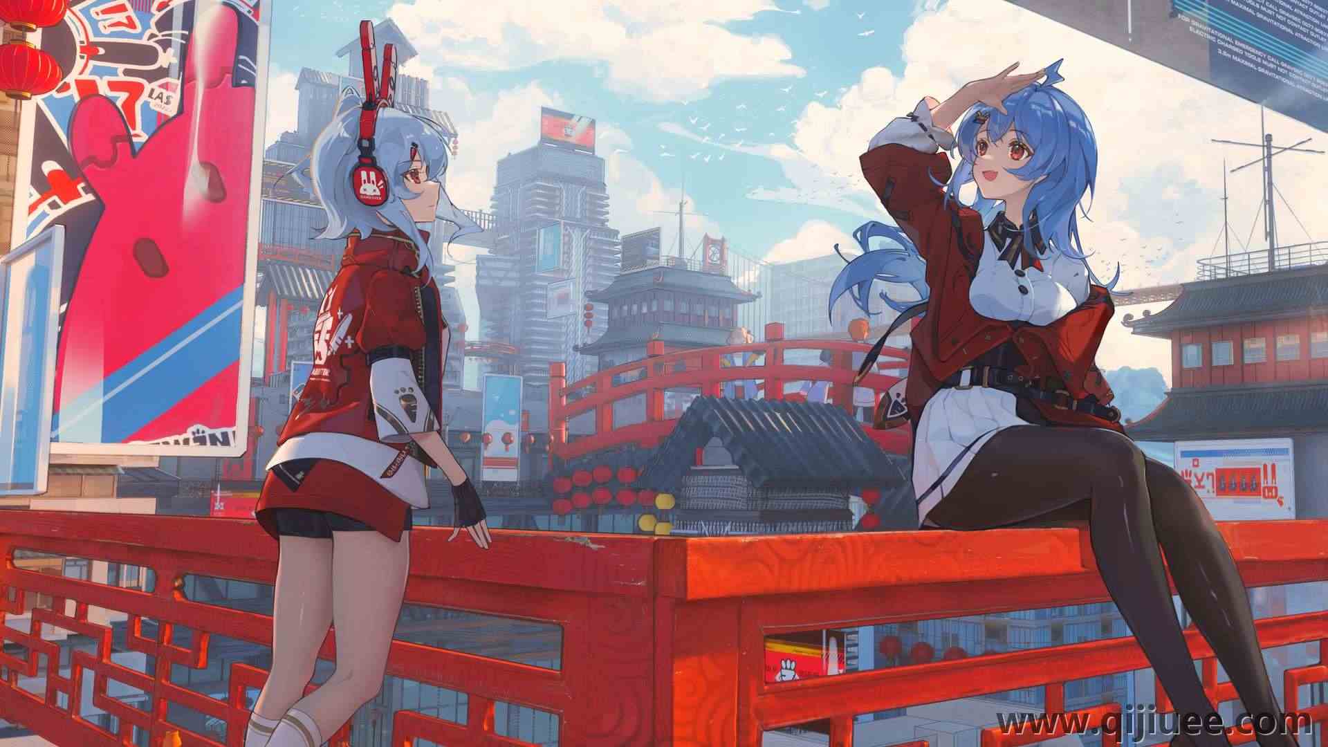 女孩 动漫女孩 耳机 城市 云 电脑壁纸 4K壁纸3840 x 2160/0.81 MB-柒染云阁