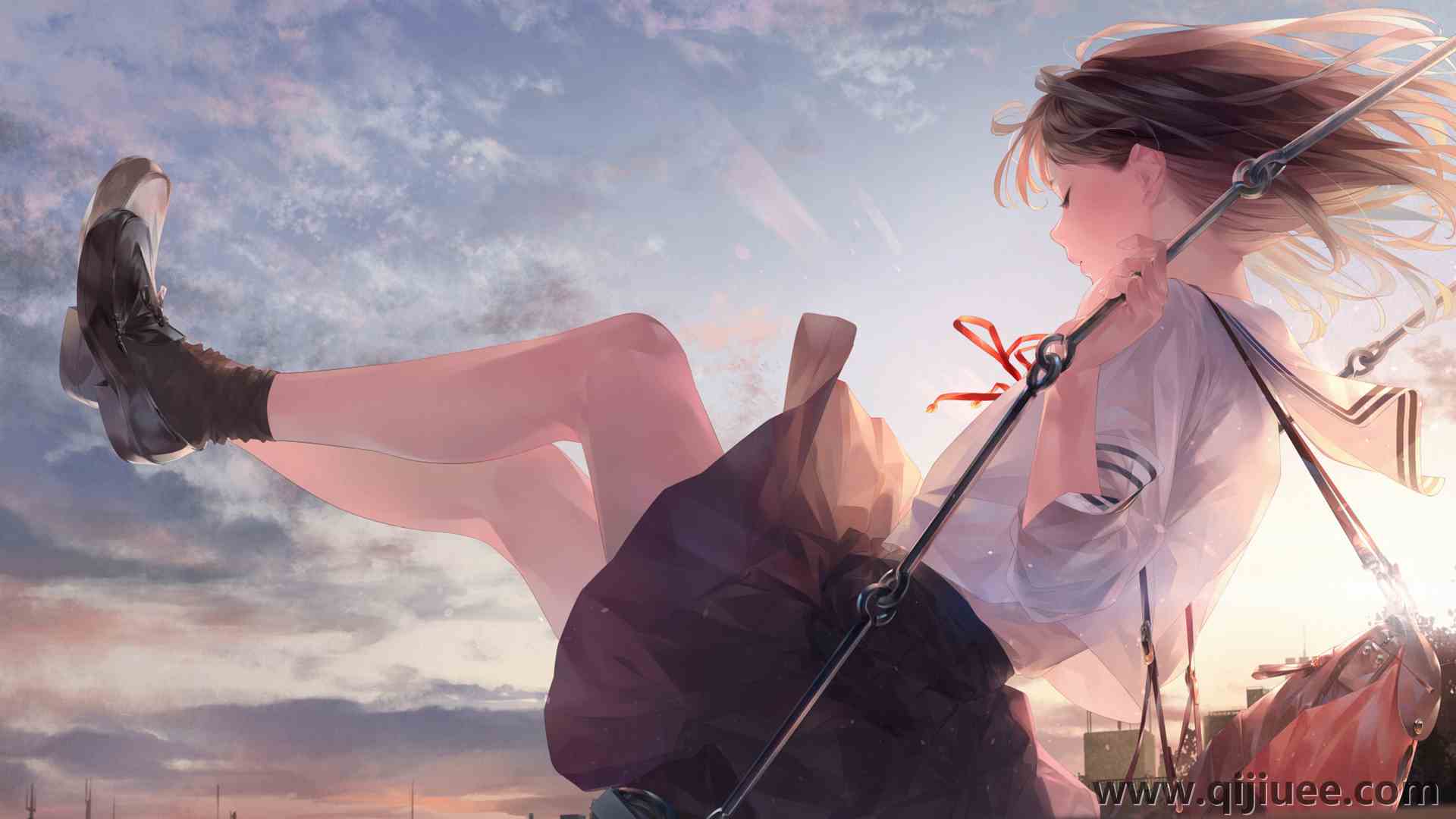 动漫 动漫女孩 裁剪 校服 秋千 水手制服 日落 侧视  电脑壁纸 4K壁纸3840 x 2160/2.96 MB-柒染云阁