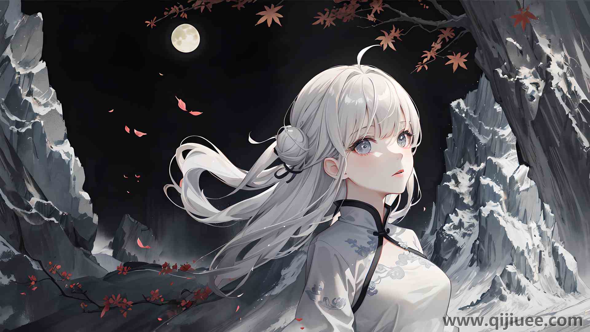 白色服装 夜晚 枫叶 动漫女孩 月亮 中国服装 树叶 雪  电脑壁纸 4K壁纸3840 x 2160/8.66 MB-柒染云阁