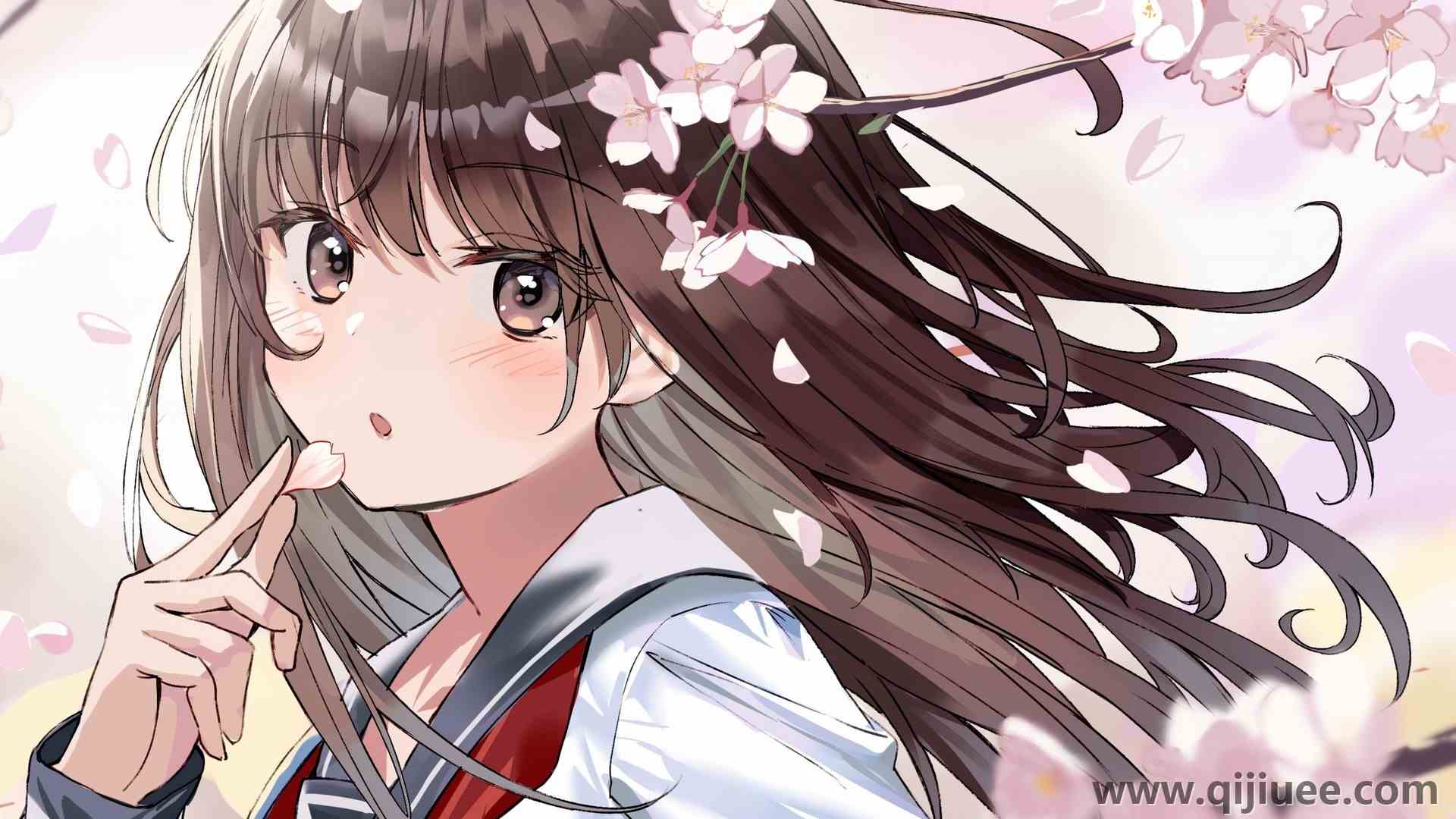 深色头发 长发 动漫 棕色眼睛 樱花 校服 腮红 动漫女孩 剪裁  电脑壁纸 4K壁纸3840 x 2160/1.15 MB-柒染云阁