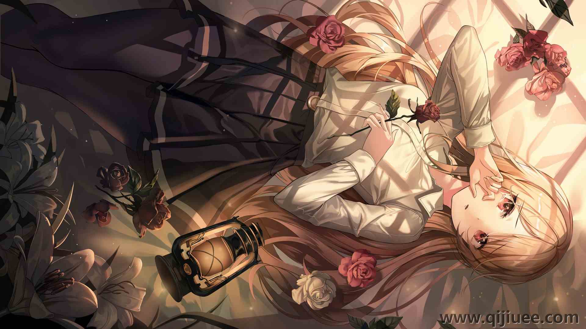 金发碧眼 红眼睛 动漫女孩 玫瑰 灯笼 鲜花 电脑壁纸 4K壁纸7500 x 4220/1.94 MB-柒染云阁