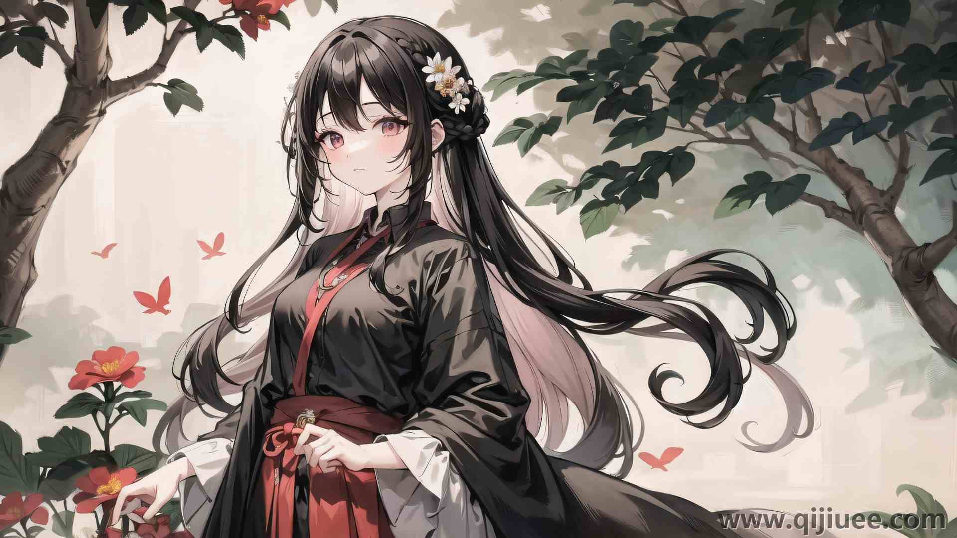 动画女孩 黑发 装饰 中国服饰 树叶 头发上的花 花 羽毛  电脑壁纸 4K壁纸4928 x 2752/1.63 MB-柒染云阁