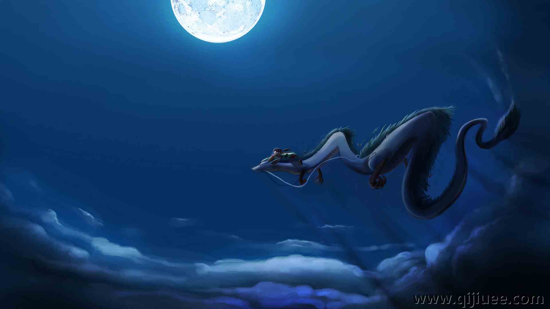 动漫 粉丝艺术 千与千寻 夜 月 月光 云 白 蓝 中国龙 满月  电脑壁纸 4K壁纸4608 x 2880/5.15 MB-柒染云阁