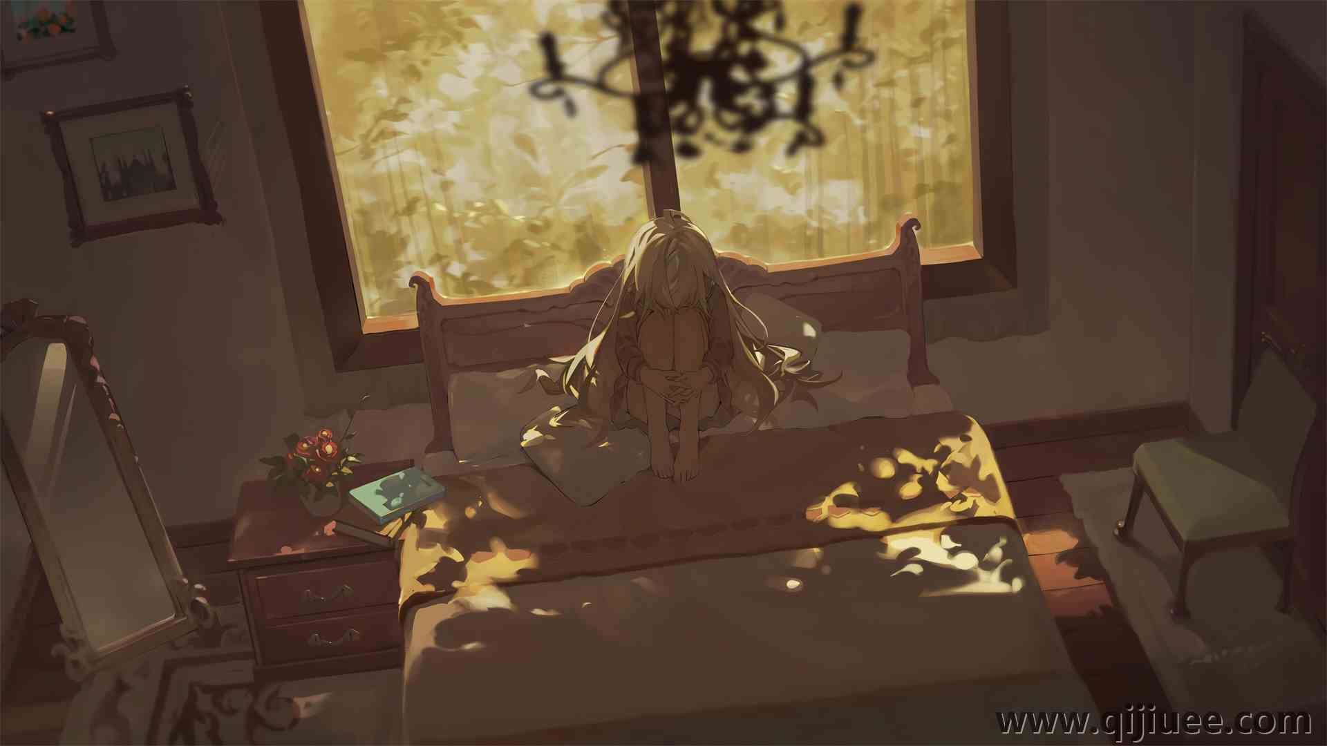 长发 动漫女孩 床 卧室 鲜花 镜子 椅子 窗户 枕头  电脑壁纸 4K壁纸3840 x 2160/2.62 MB-柒染云阁