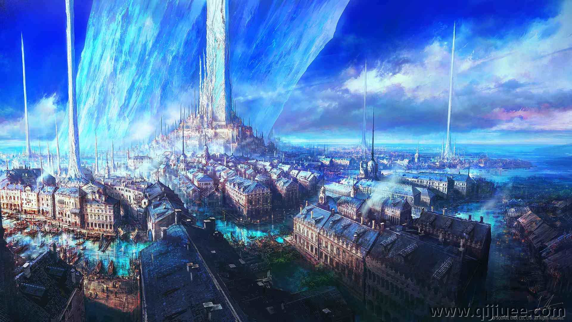 电子游戏 最终幻想 水晶 城堡 天空 河流 船 游戏CG艺术 3840 x 2160/4.17 MB-柒染云阁