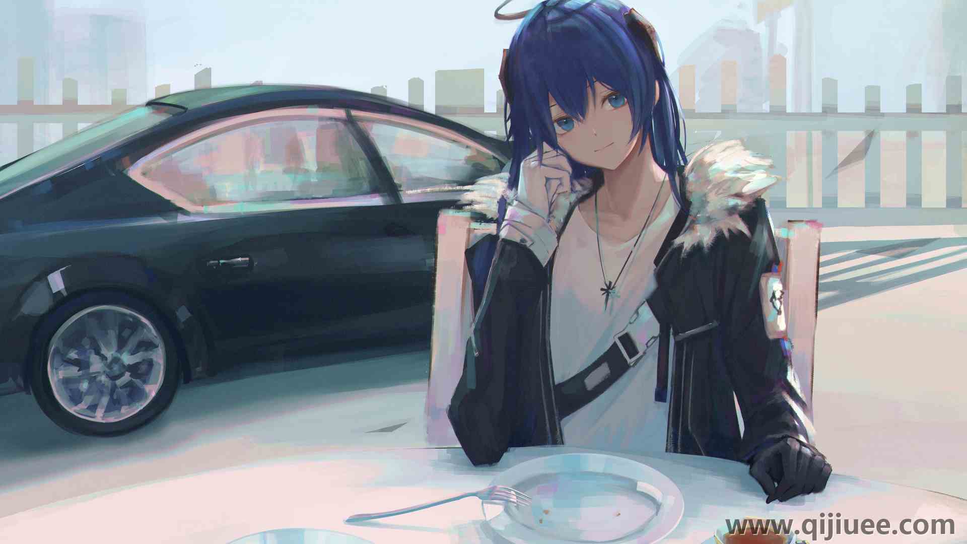 蓝头发 蓝眼睛 动漫女孩 武士 汽车 电脑壁纸 4K壁纸4368 x 3101/10.21 MB-柒染云阁