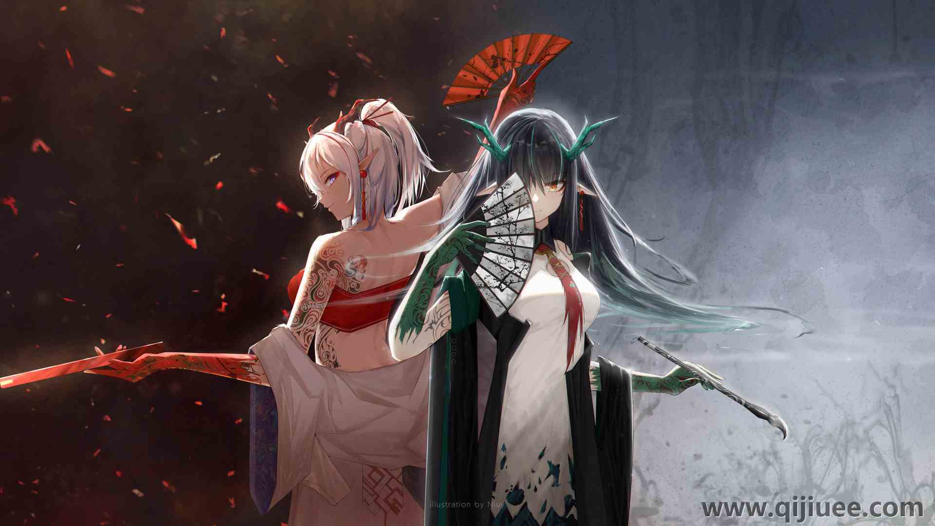 黄昏 武士 动漫女孩 电脑壁纸 4K壁纸6984 x 2855/1.62 MB-柒染云阁
