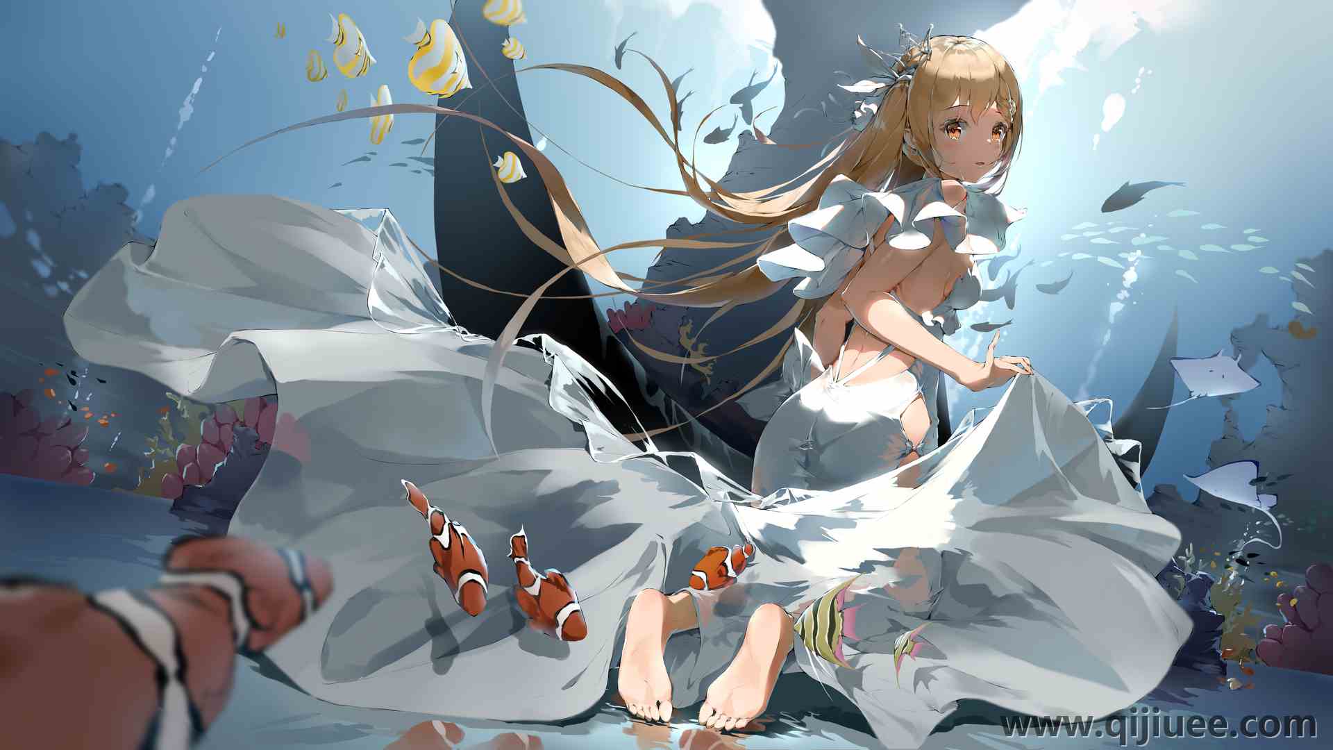 金发 长发 菩提武圣花 菩提 动漫 动漫女孩 鱼 水下 连衣裙 黄眼睛  电脑壁纸 4K壁纸6720 x 3780/3.54 MB-柒染云阁