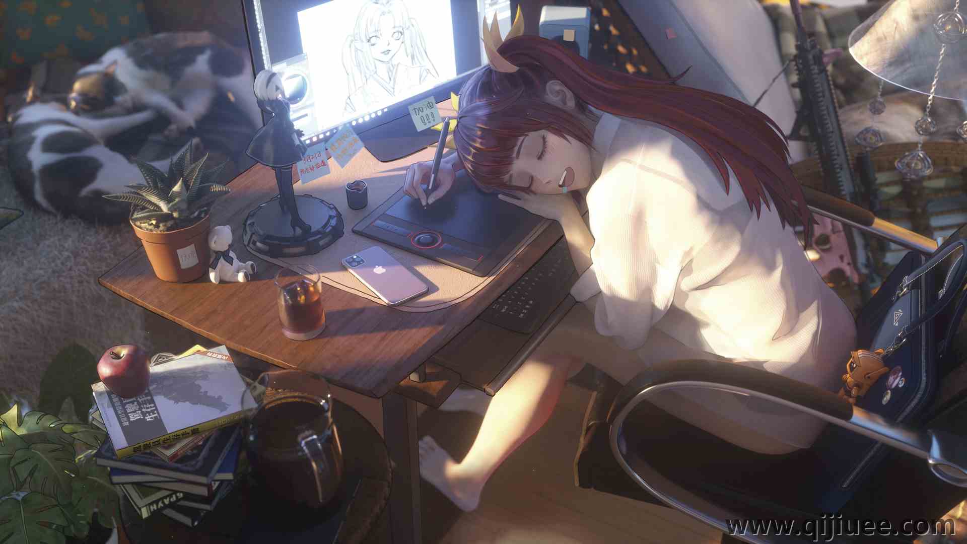 女性 动漫 动漫女孩 高角度 绘画 桌子 椅子 白衬衫 电脑壁纸 4K壁纸4700 x 2200/7.75 MB-柒染云阁