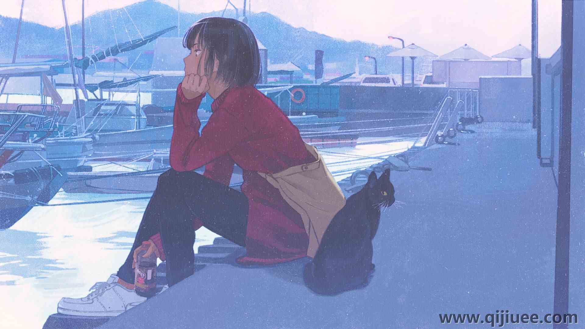 原创角色 动漫女孩 黑猫 图片  电脑壁纸 4K壁纸4096 x 2304/2.31 MB-柒染云阁