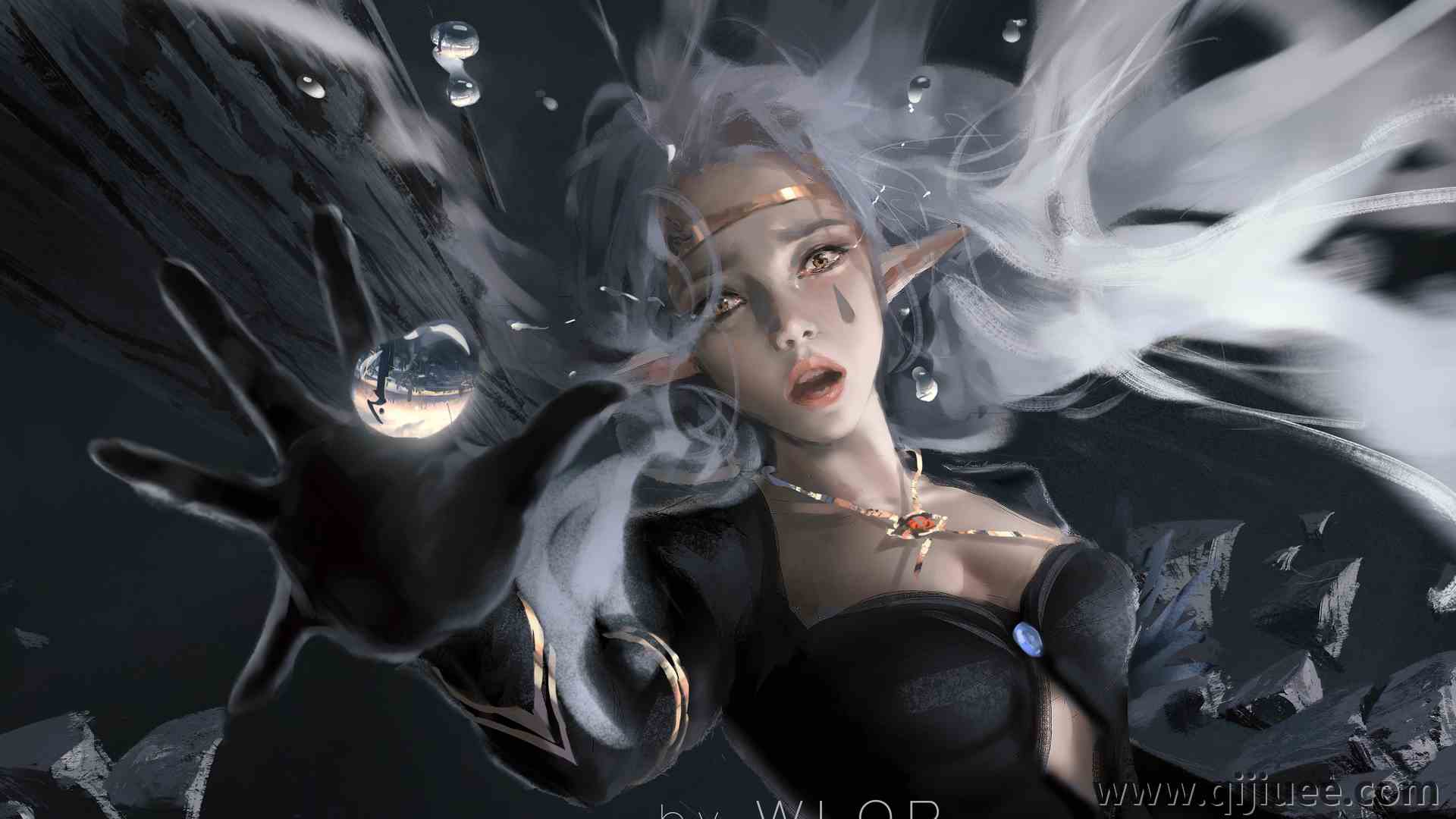 女人 白发 坠落 长发 奇幻女孩 精灵 AI艺术 黄眼睛 兽耳 项链 奇幻艺术  电脑壁纸 4K壁纸4619 x 2802/8.37 MB-柒染云阁